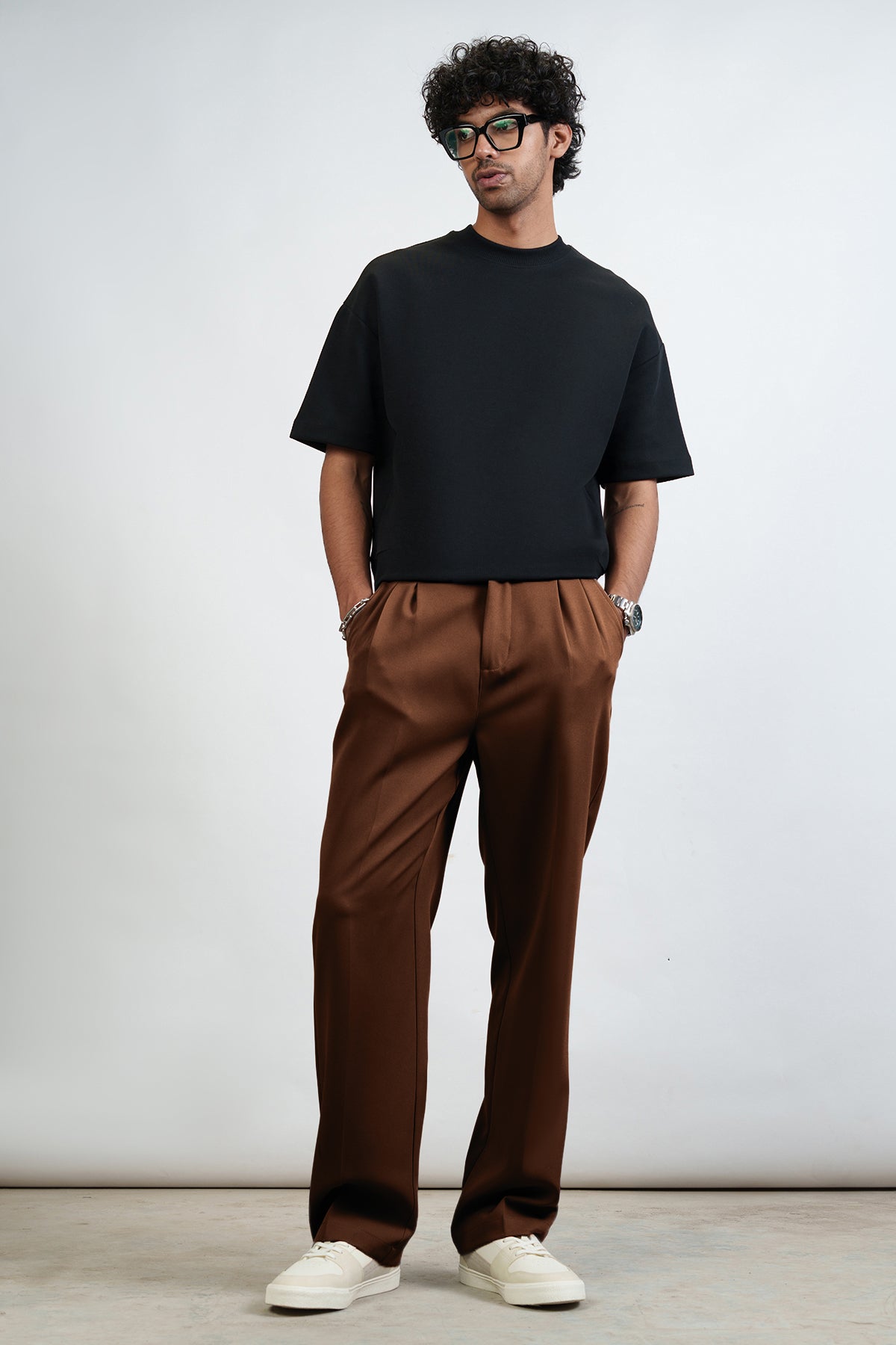 Pine Brown Buckle Detail Men's Korean Pants