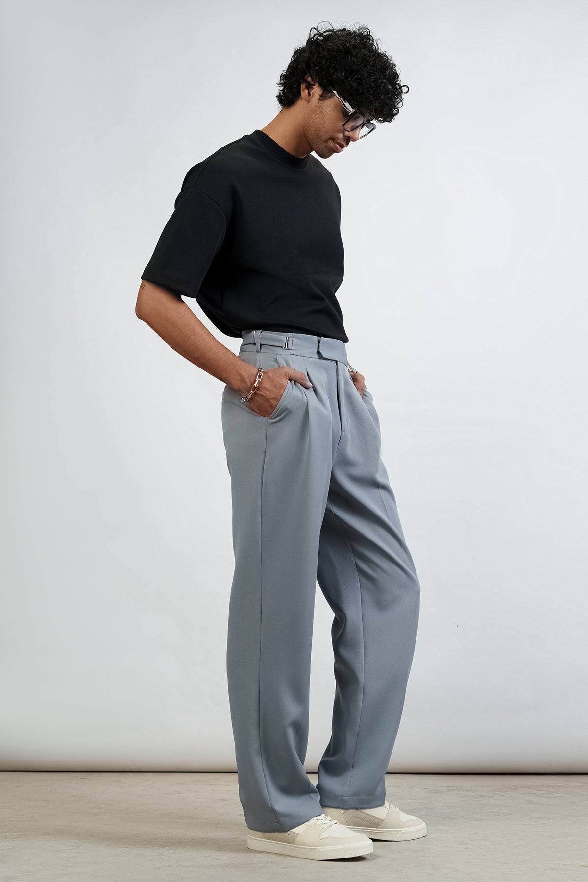 Sleet Grey Buckle Detail Men's Korean Pants