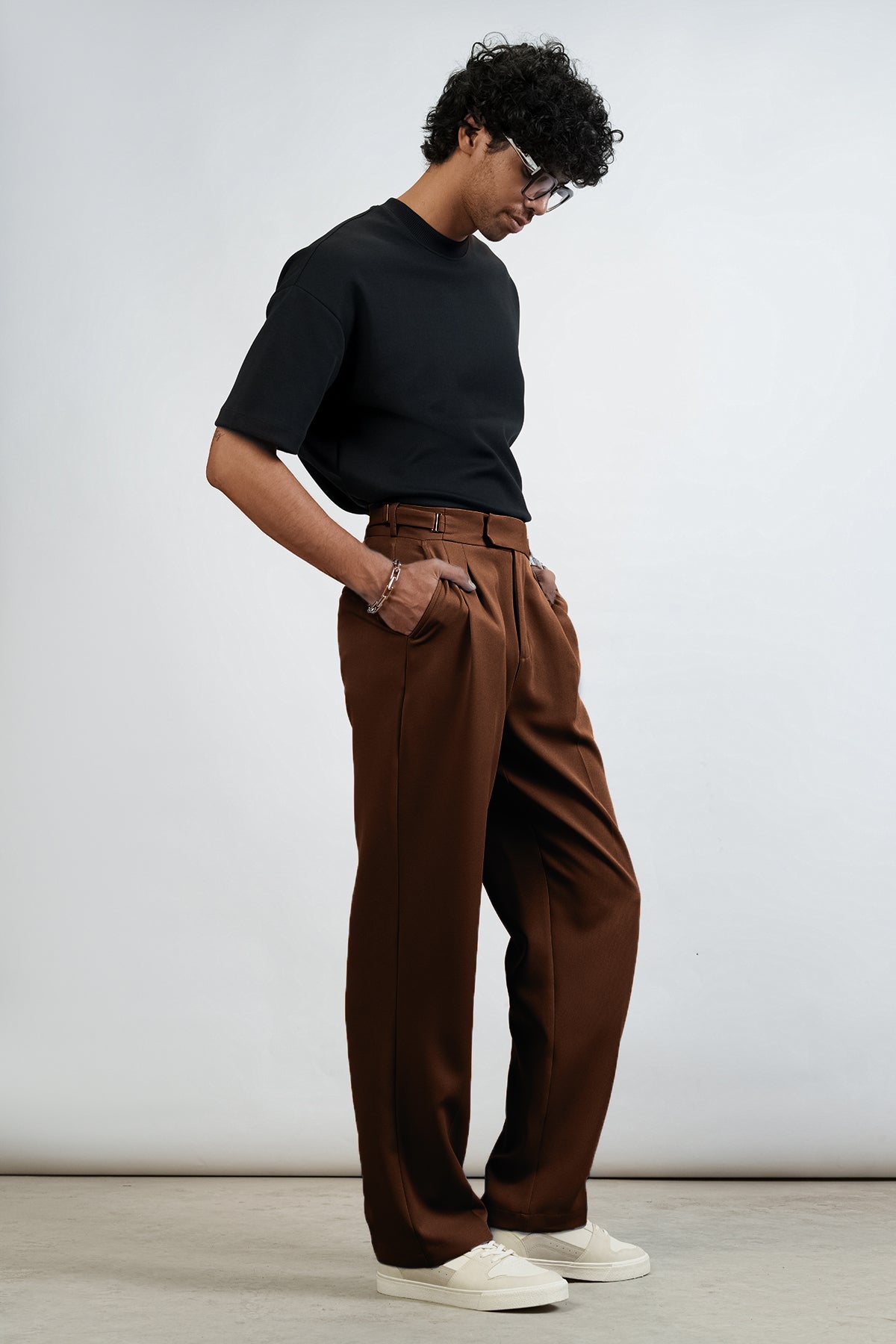 Pine Brown Buckle Detail Men's Korean Pants