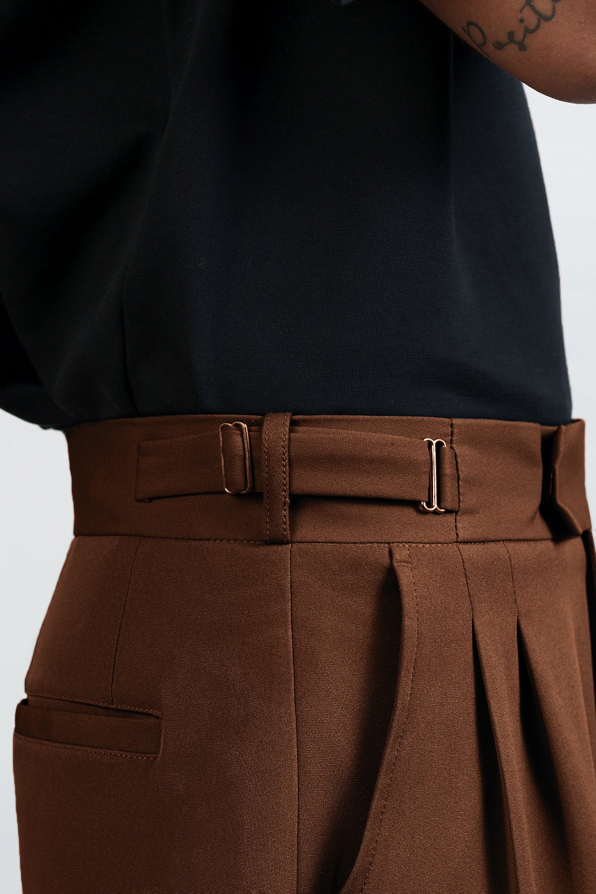 Pine Brown Buckle Detail Men's Korean Pants