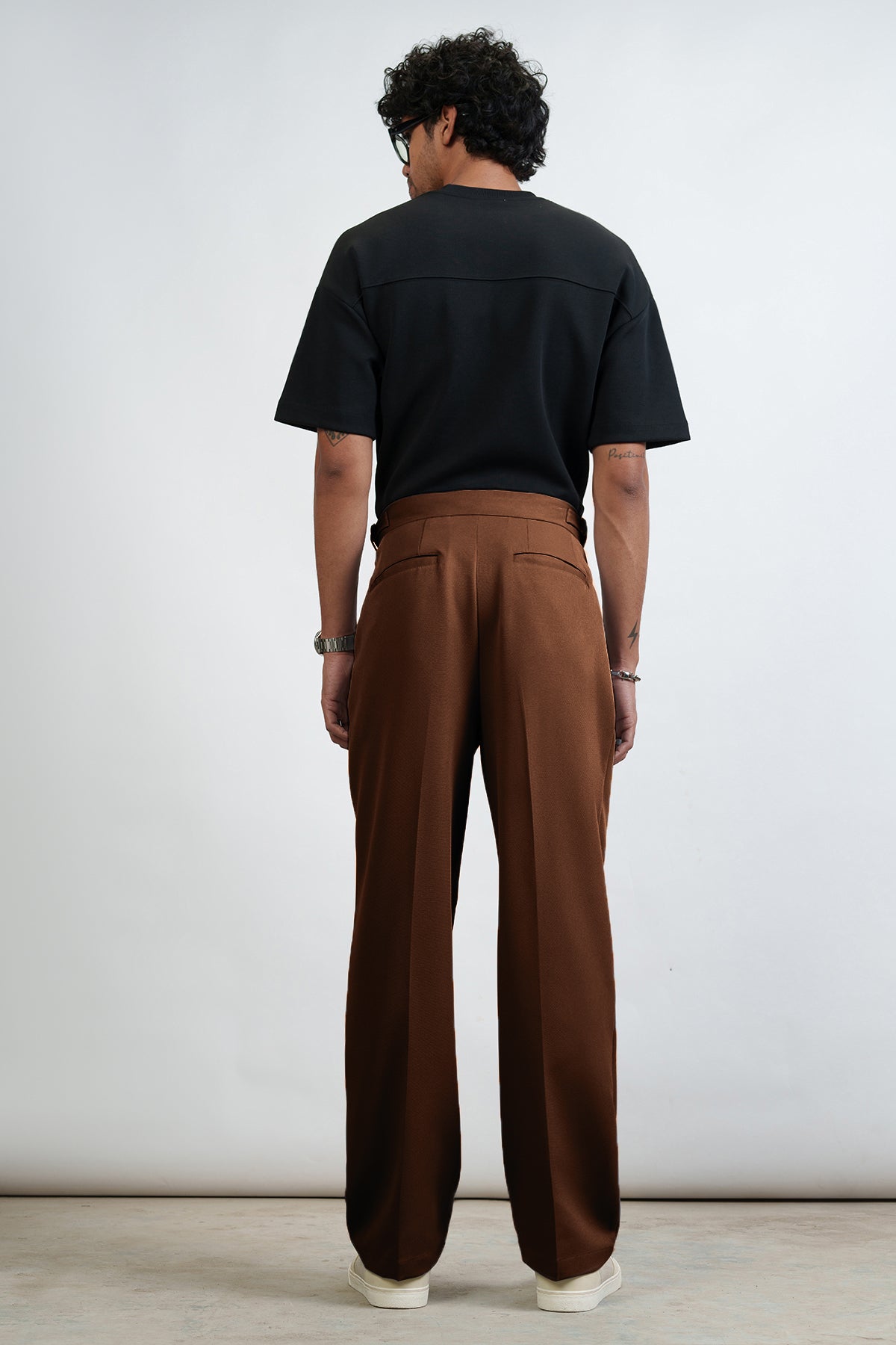 Pine Brown Buckle Detail Men's Korean Pants