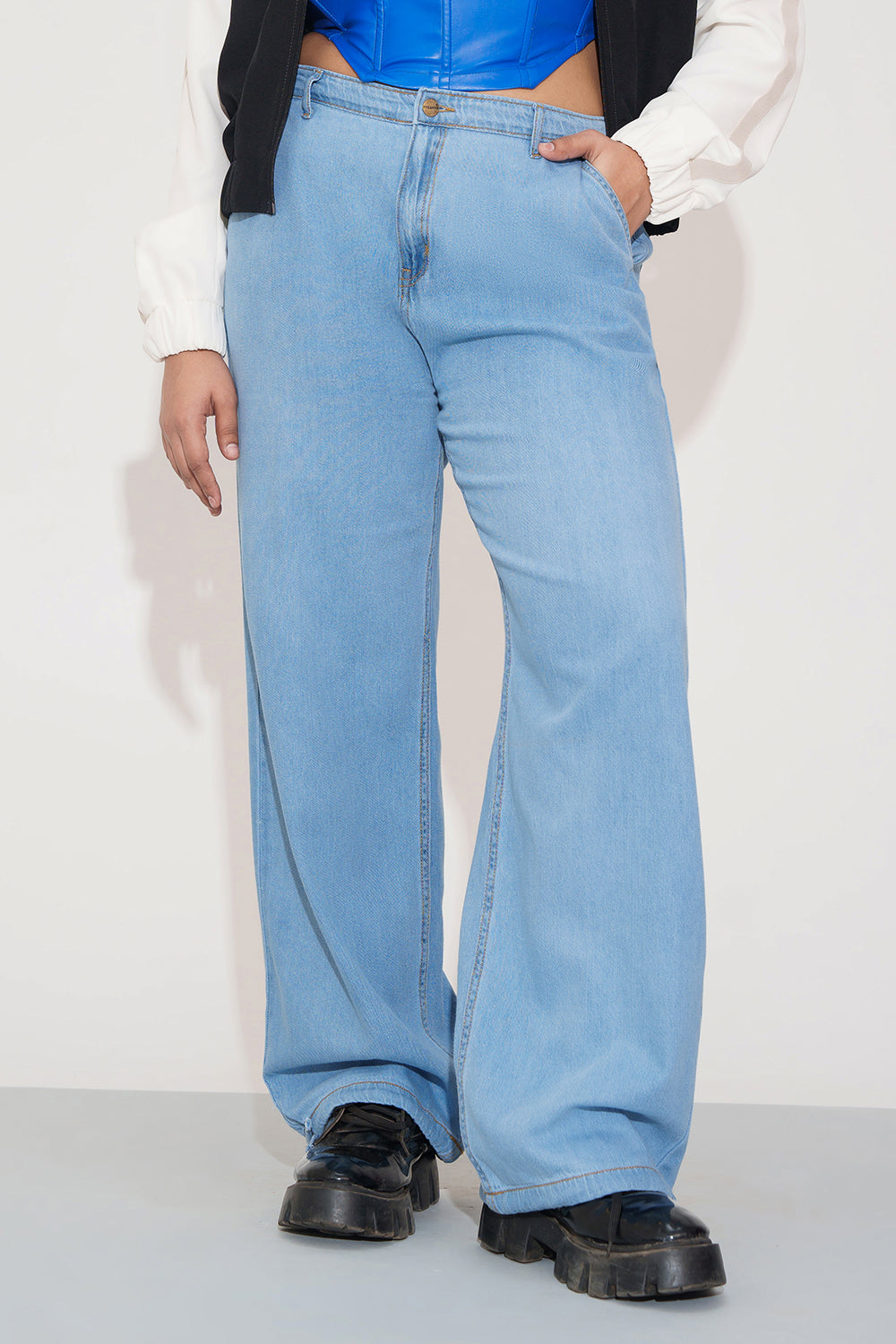 Breeze Blue Curve Denim Korean Pants