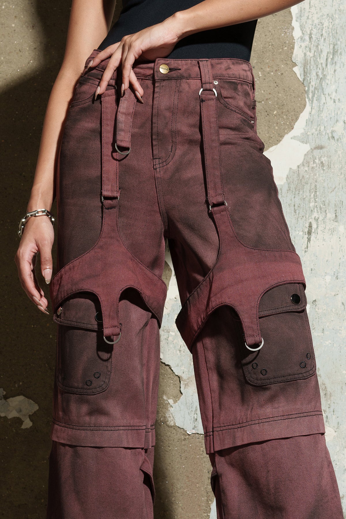 Gothic Red Denim Utility Cargo Jeans