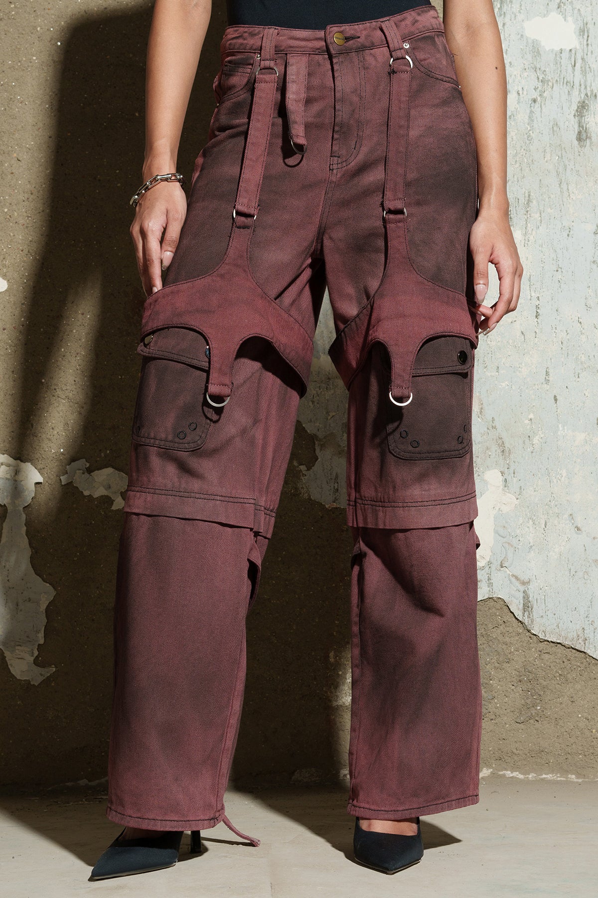 Gothic Red Denim Utility Cargo Jeans