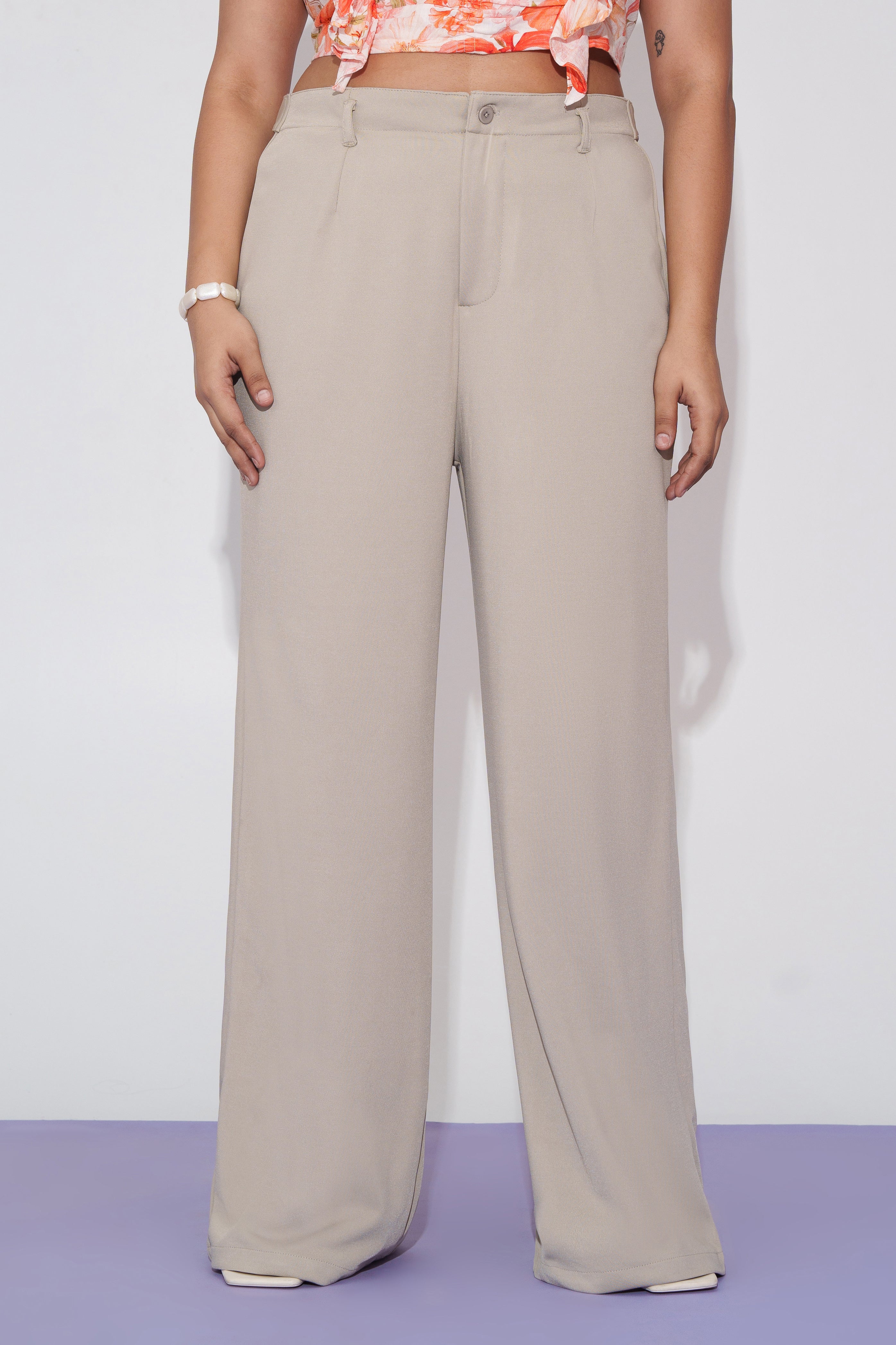 Stone Beige Curve Wide Leg Adjustable Korean Pants