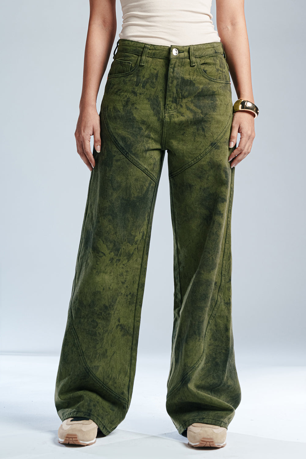 Galactic Olive Panelled Straight Fit Jeans