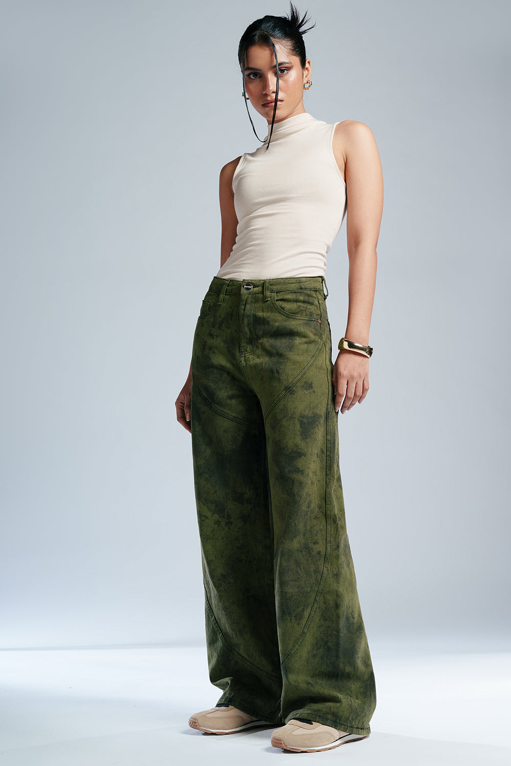 Galactic Olive Panelled Straight Fit Jeans