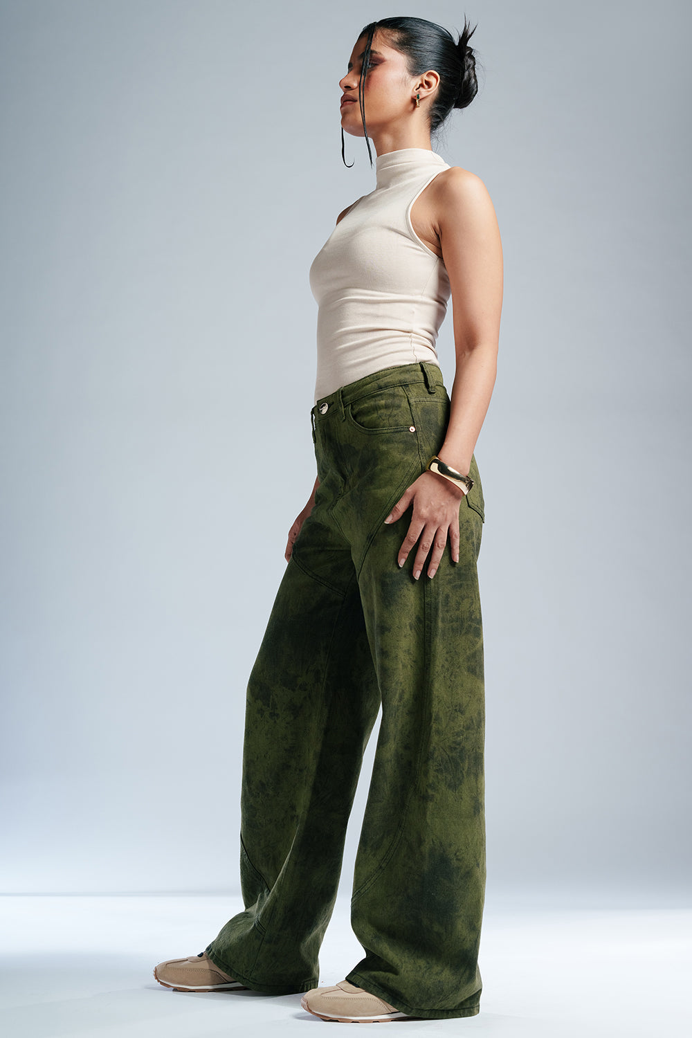 Galactic Olive Panelled Straight Fit Jeans