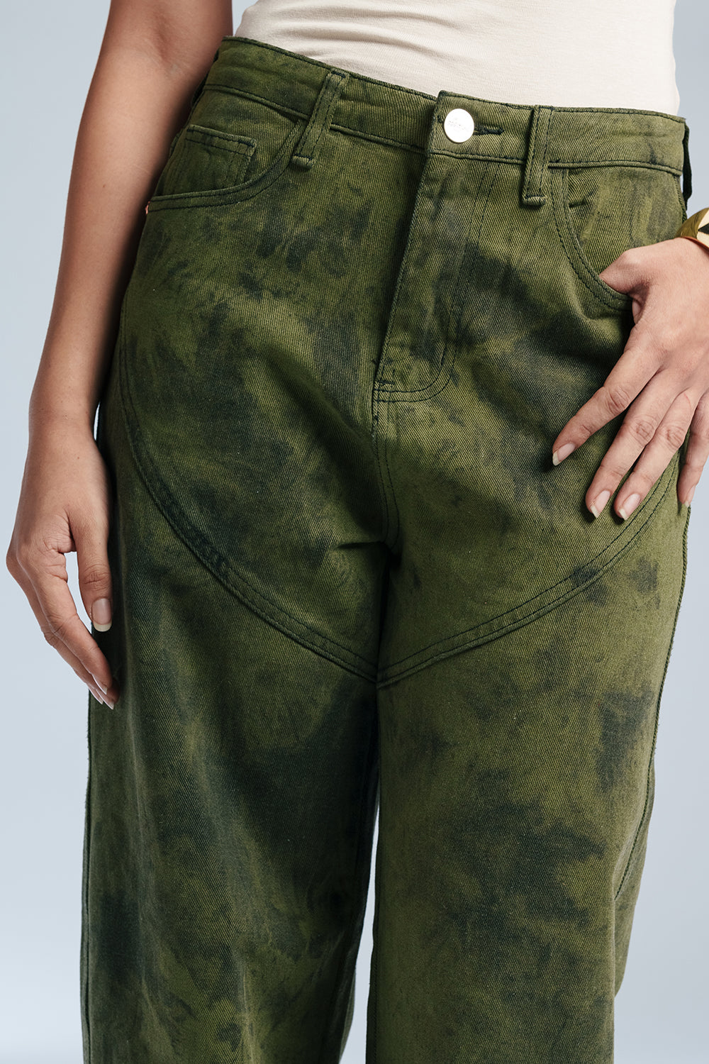 Galactic Olive Panelled Straight Fit Jeans