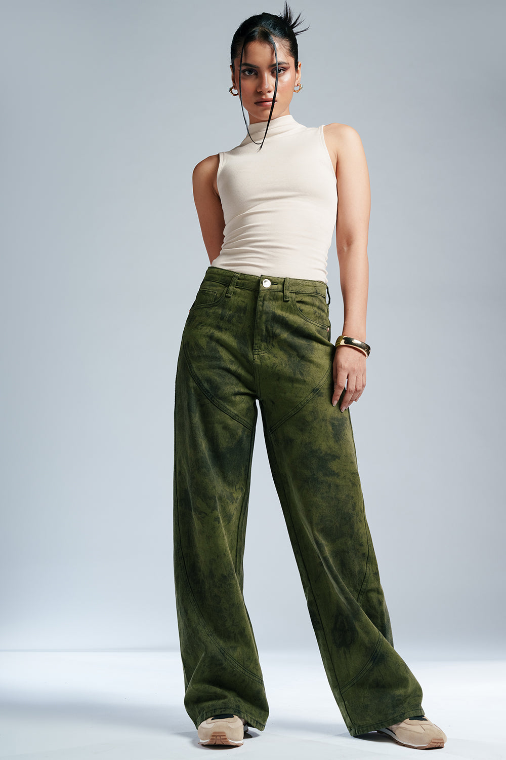 Galactic Olive Panelled Straight Fit Jeans