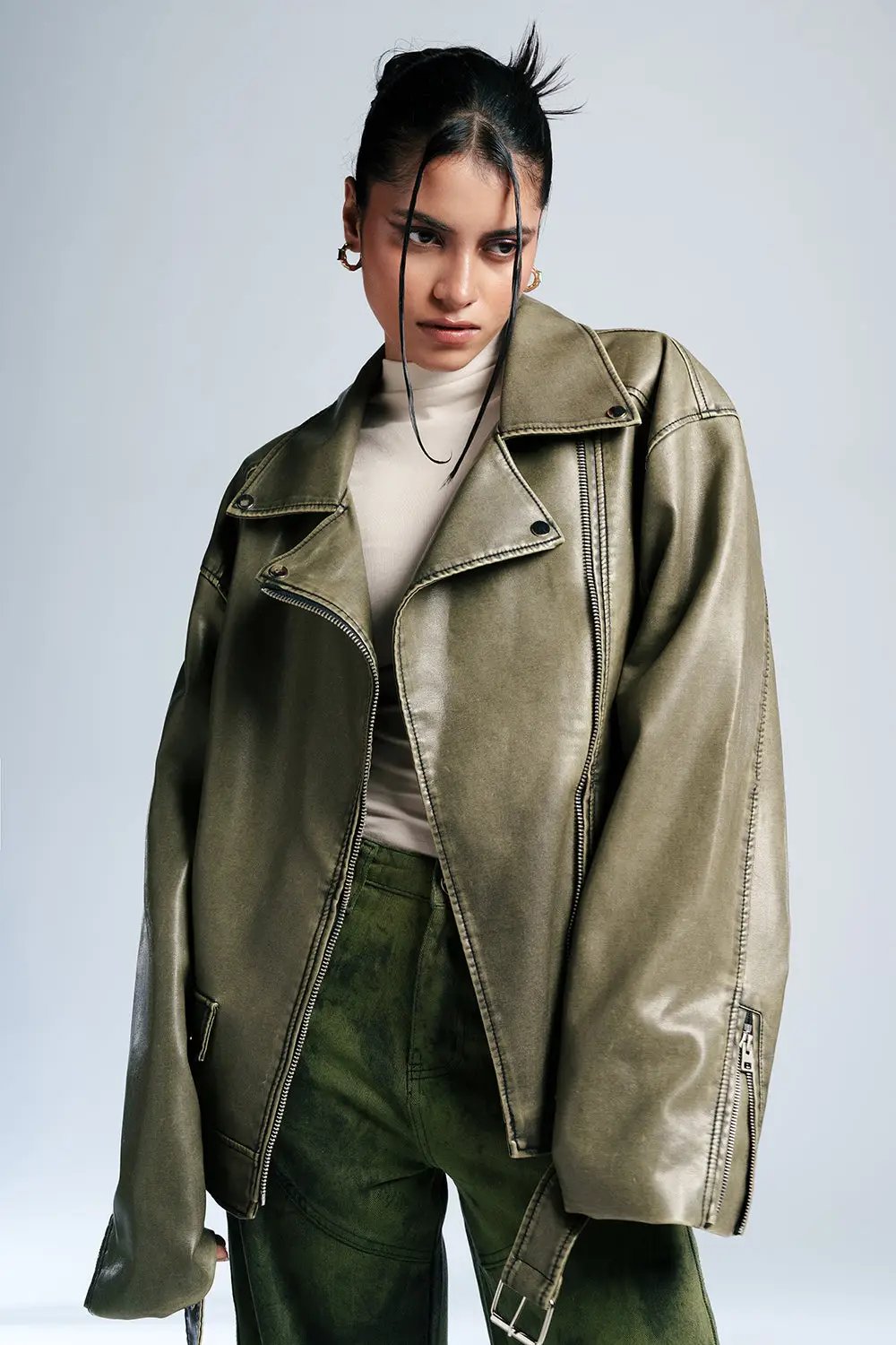 Olive Luxe Leather Biker Jacket