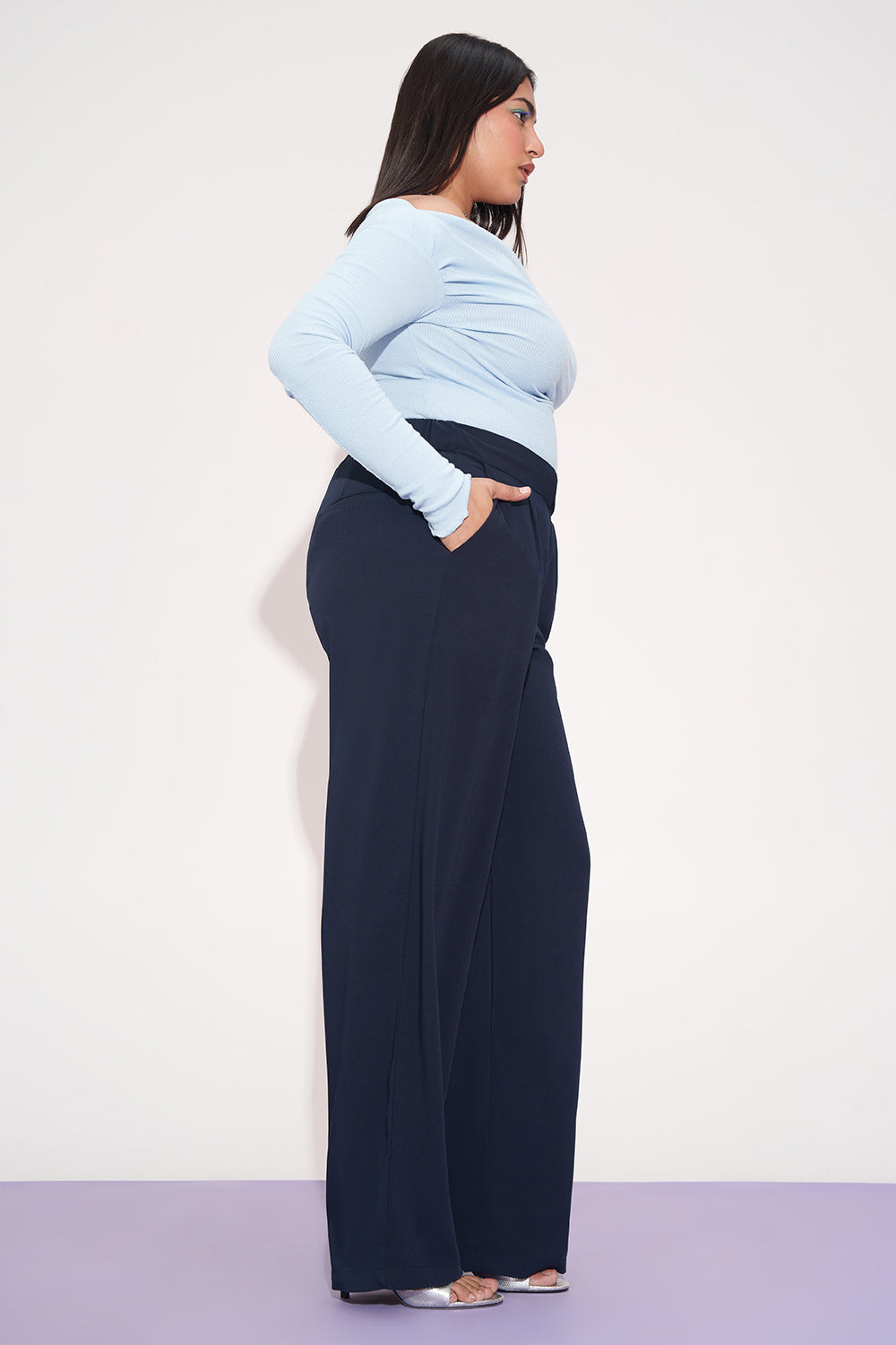 Navy Nexus Pleated Waistband Curve Korean Pants