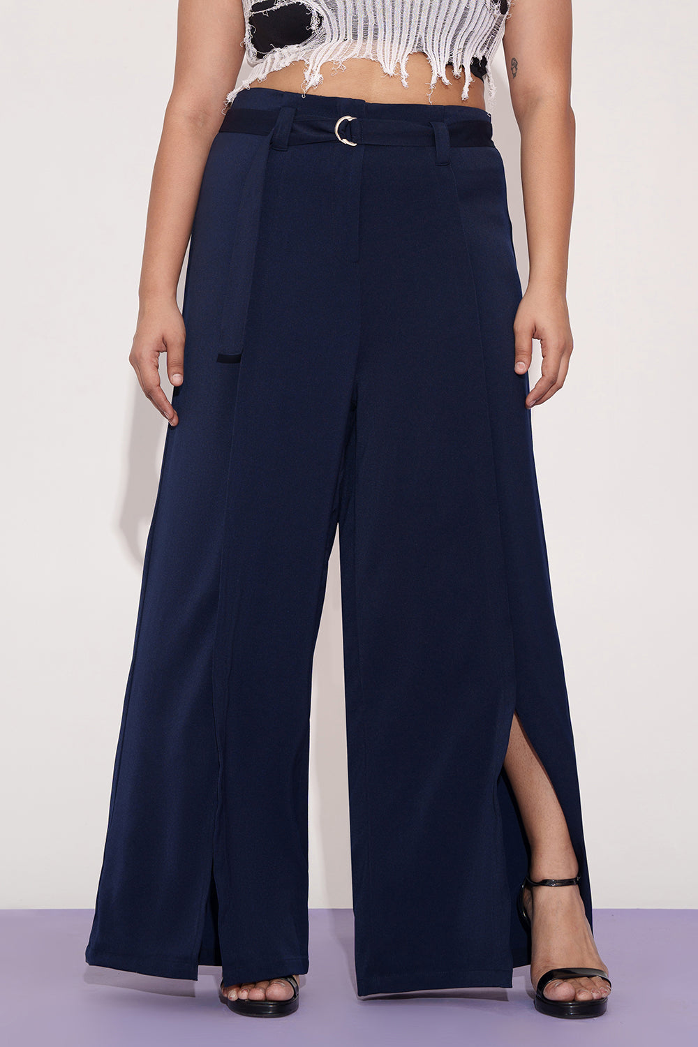 Mystic Navy Curve Belted Flared Korean Pants