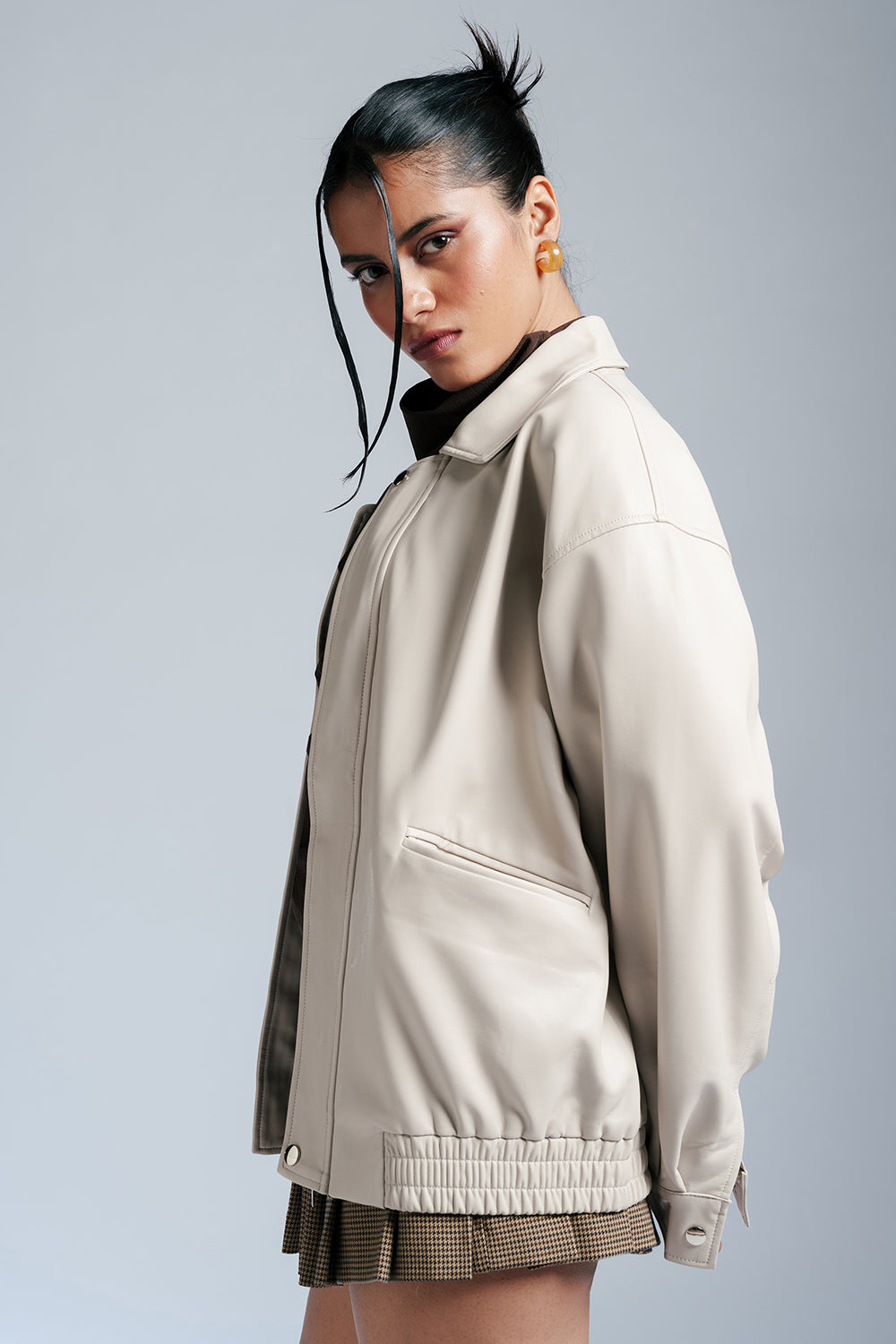 Tranquil White Leather Bomber Jacket