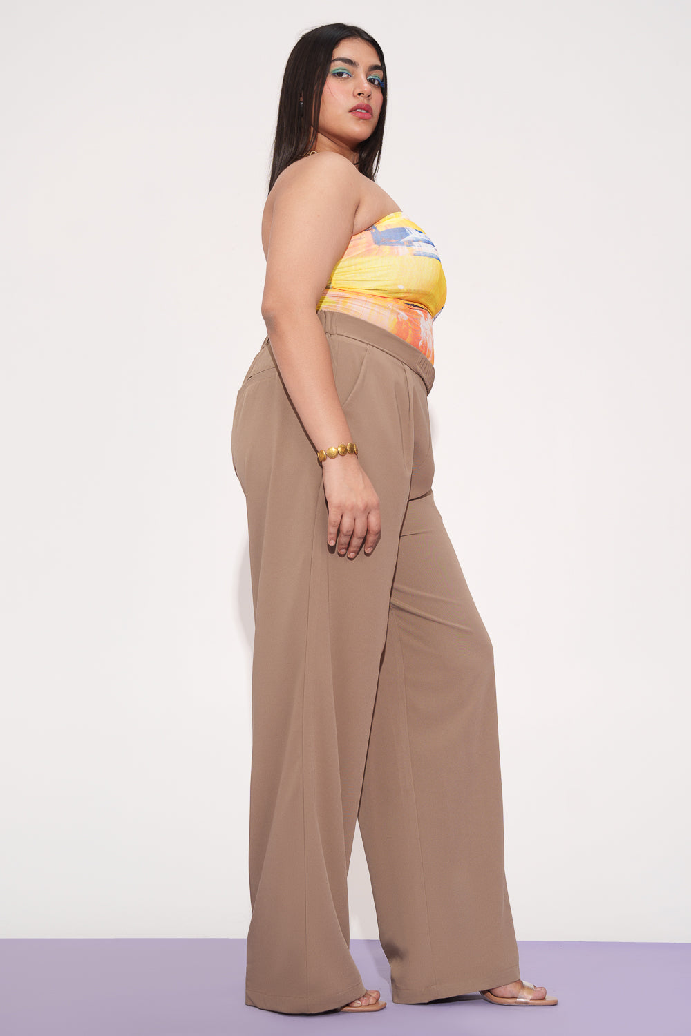 Tan Pleated Waistband Curve Korean Pants