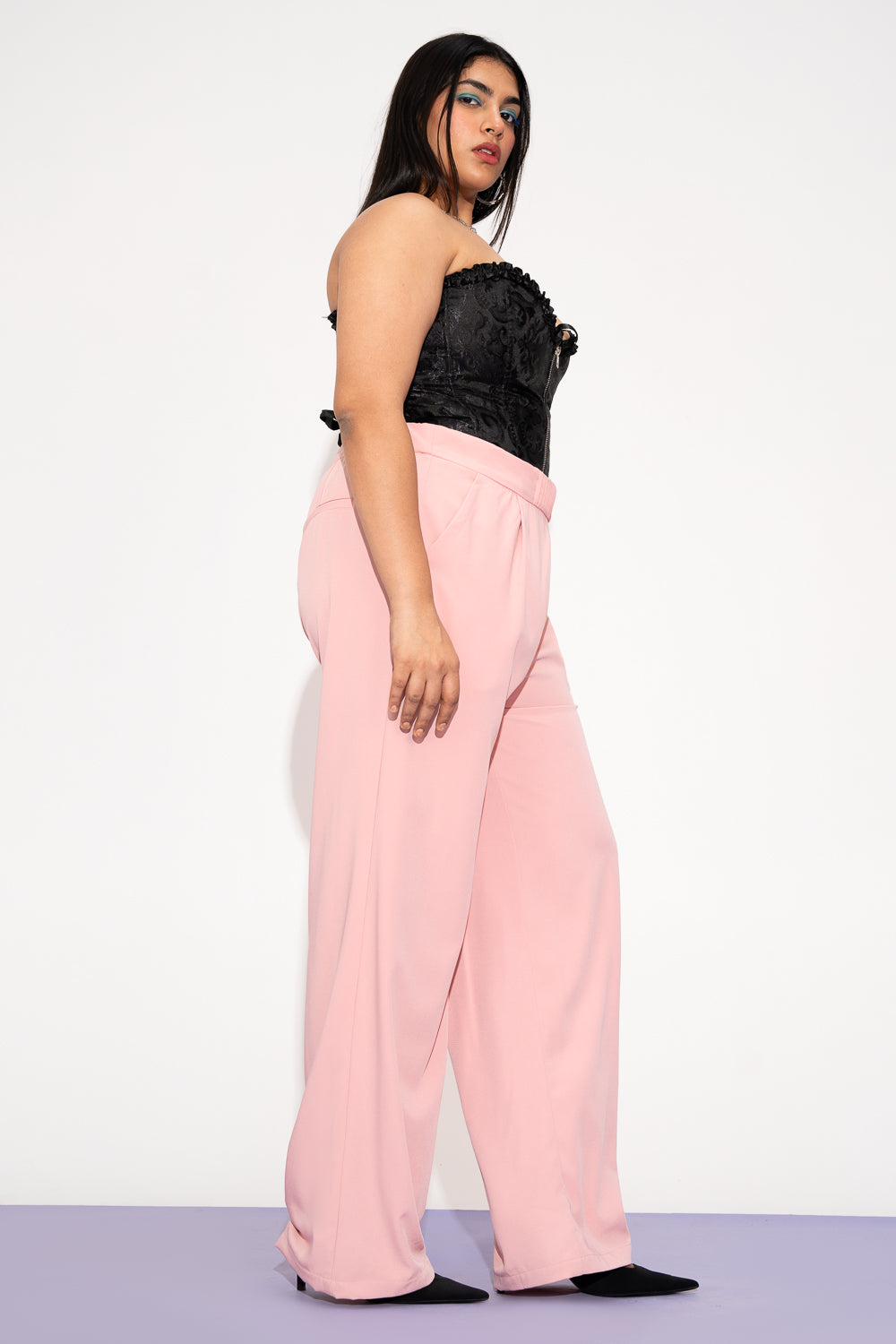 Luminous Pink Pleated Waistband Curve Korean Pants