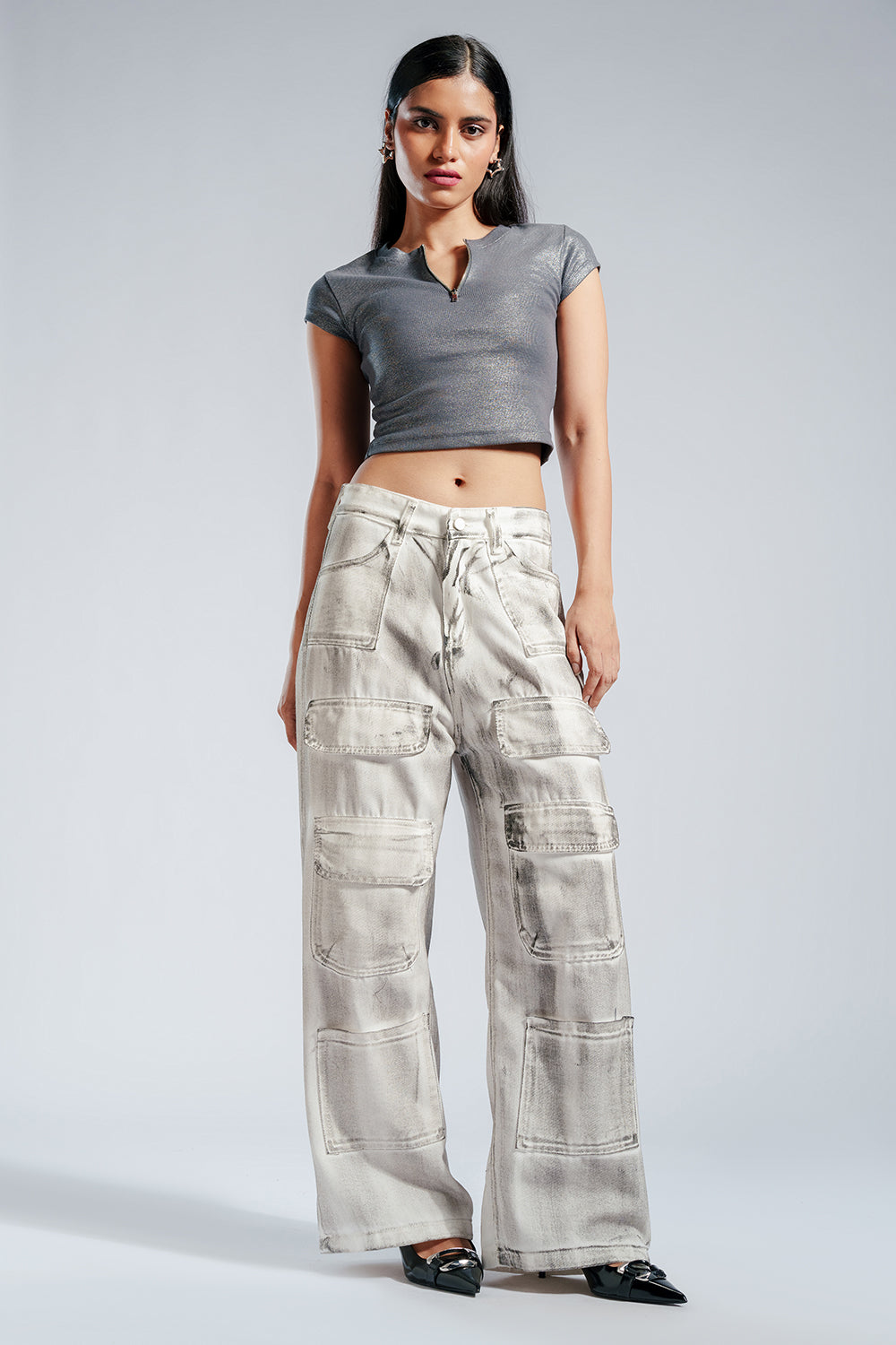 Rustic White Multi Pocket Cargo Jeans