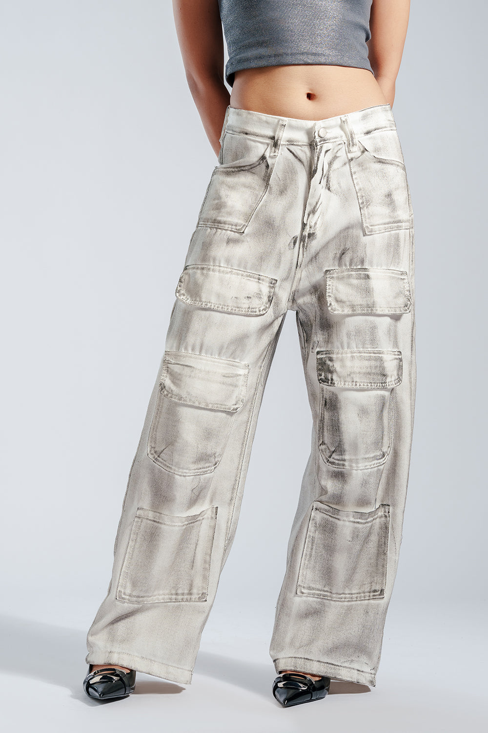 Rustic White Multi Pocket Cargo Jeans