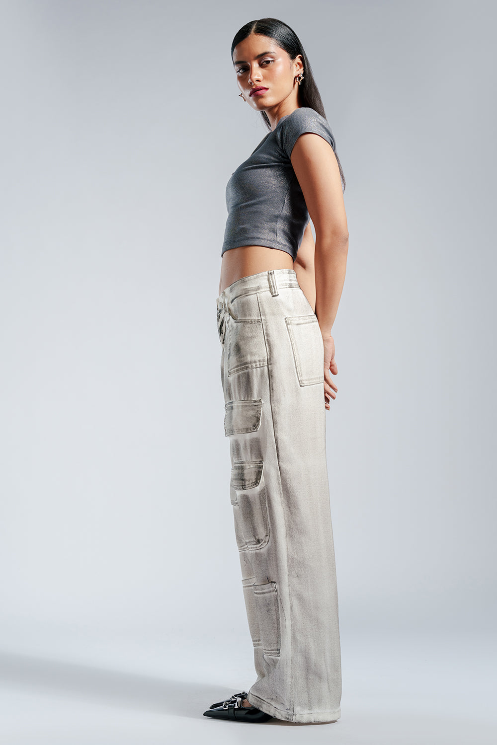 Rustic White Multi Pocket Cargo Jeans