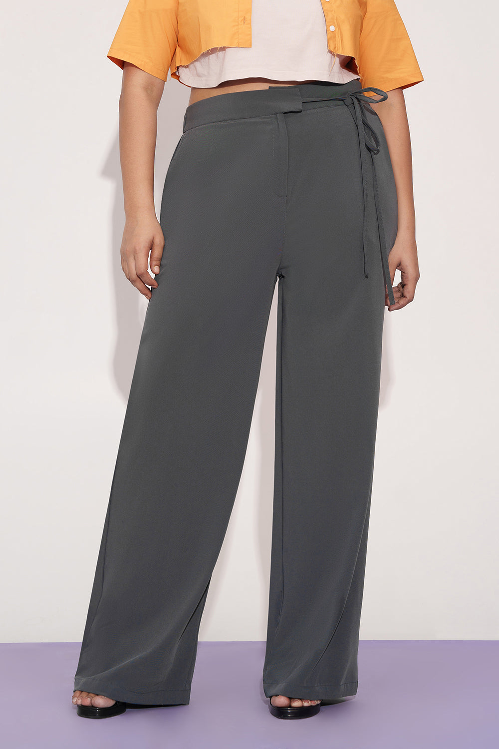 Nami Grey Curve Tie-up Korean Pants