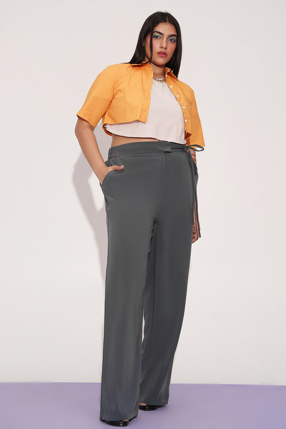 Nami Grey Curve Tie-up Korean Pants