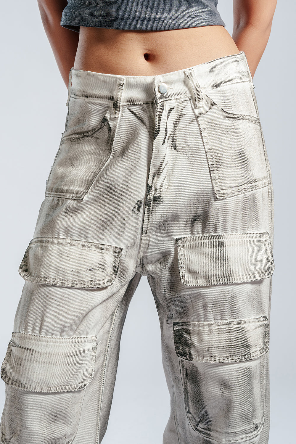 Rustic White Multi Pocket Cargo Jeans