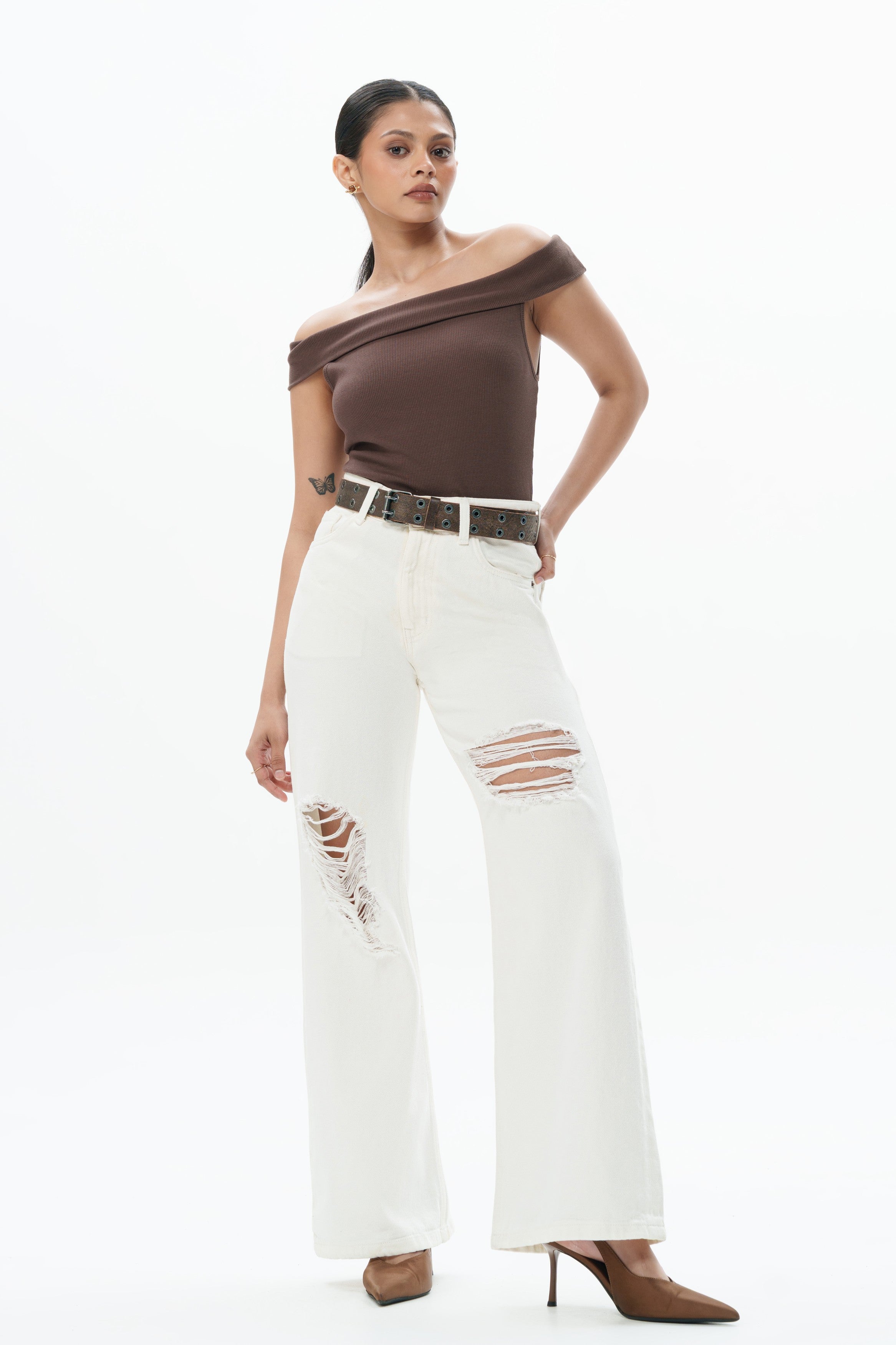 Ivory White Distressed Wide Jeans