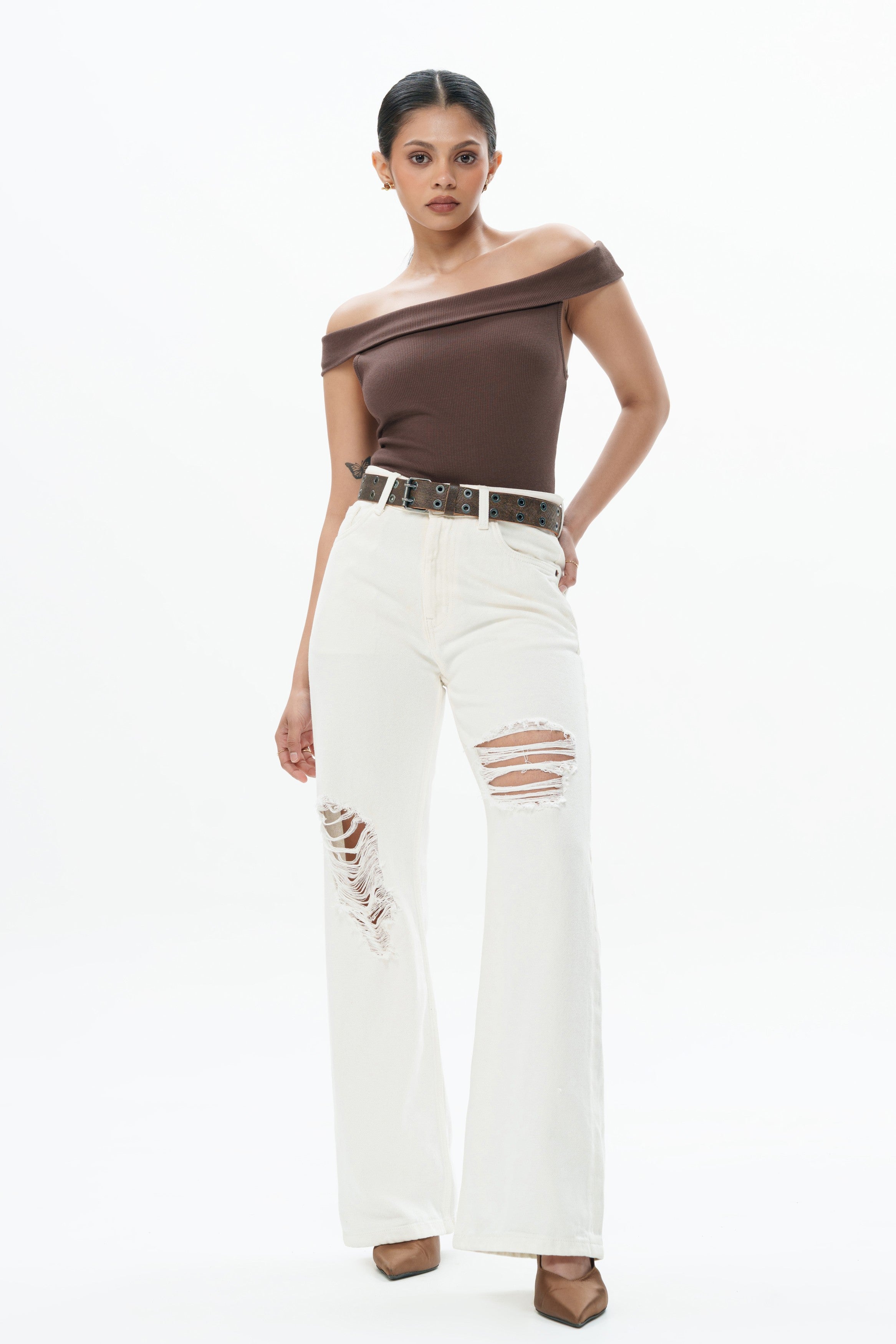 Ivory White Distressed Wide Jeans