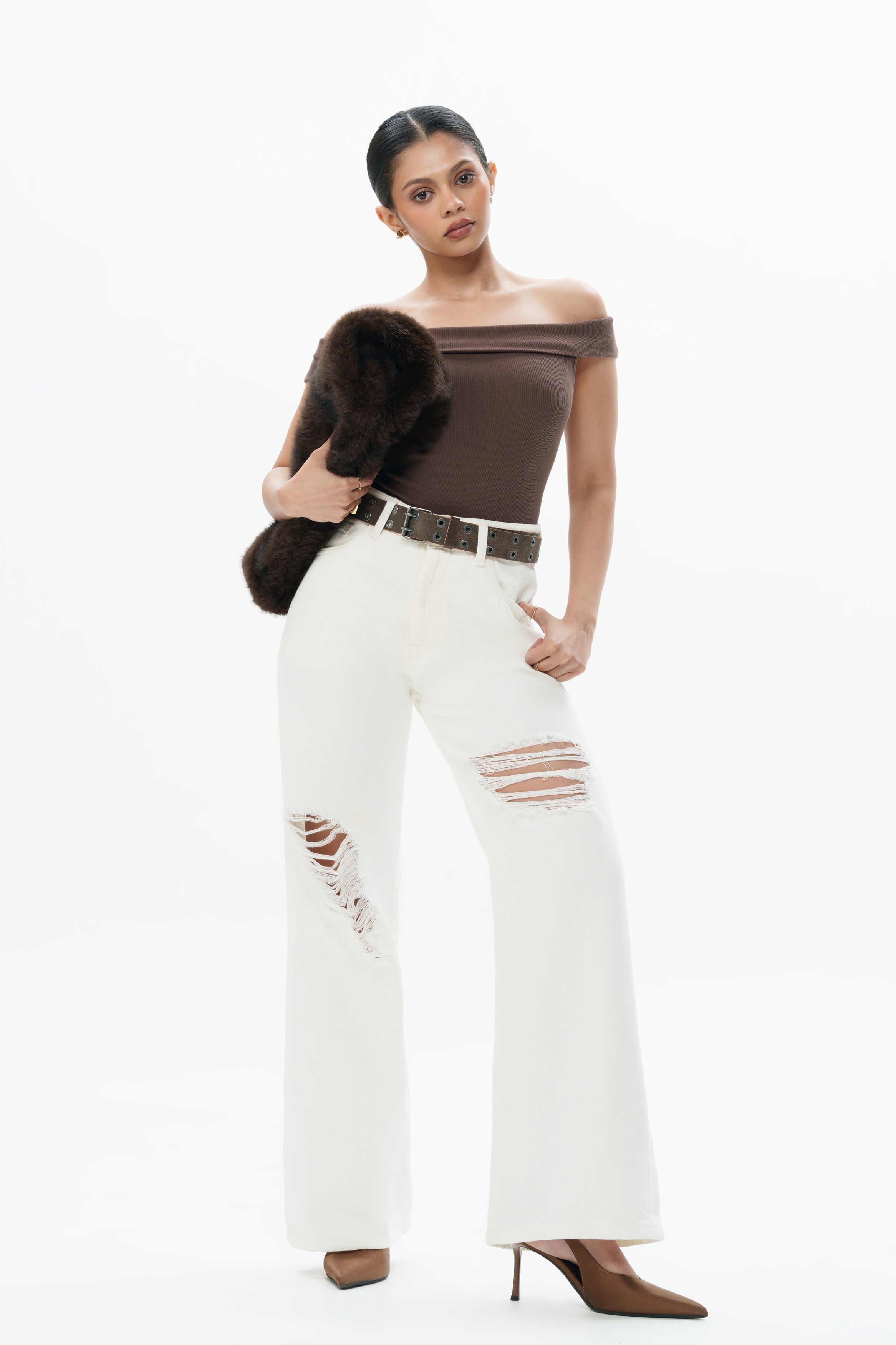 Ivory White Distressed Wide Jeans