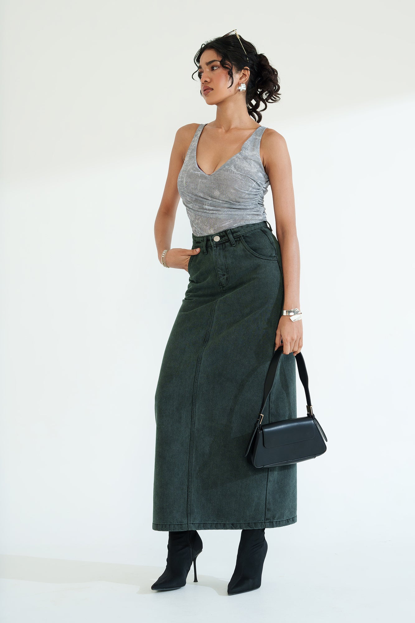 Midnight Green Long Straight Skirt