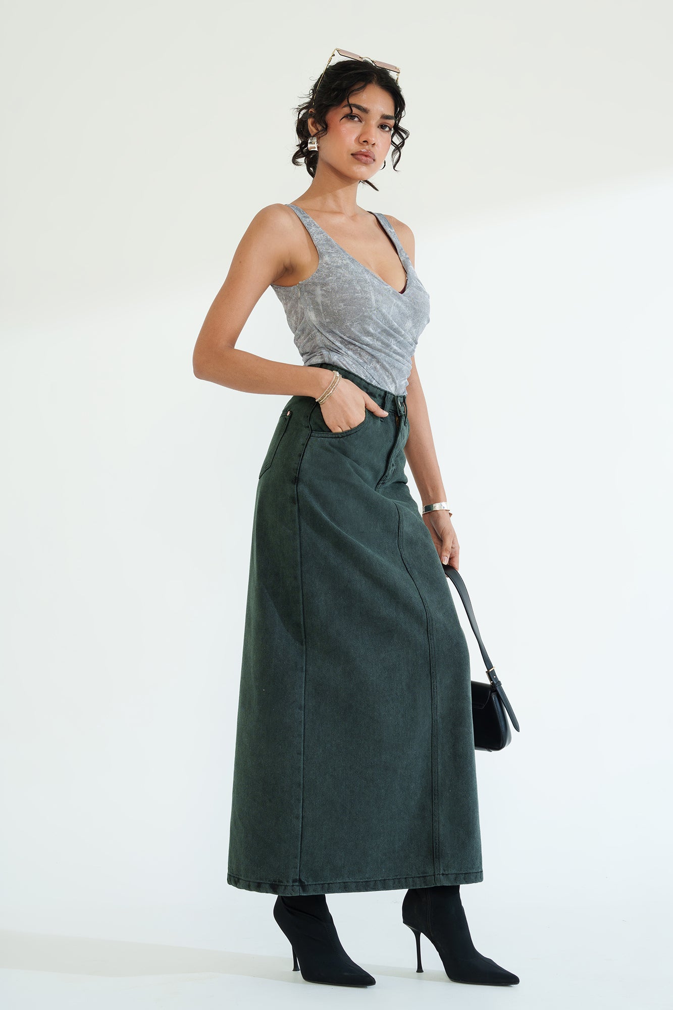 Midnight Green Long Straight Skirt
