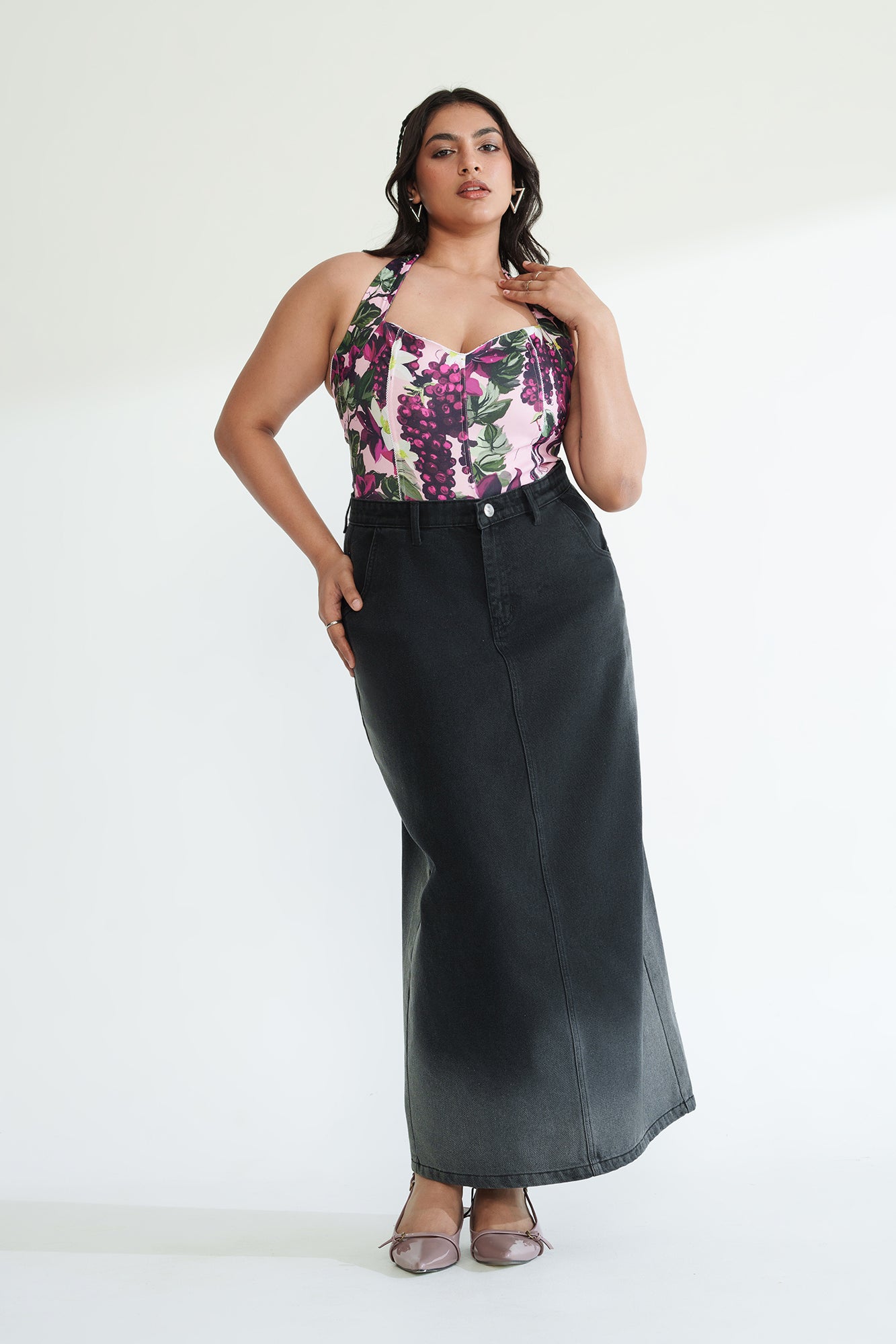 Dark Eclipse Curve Long Straight Denim Skirt