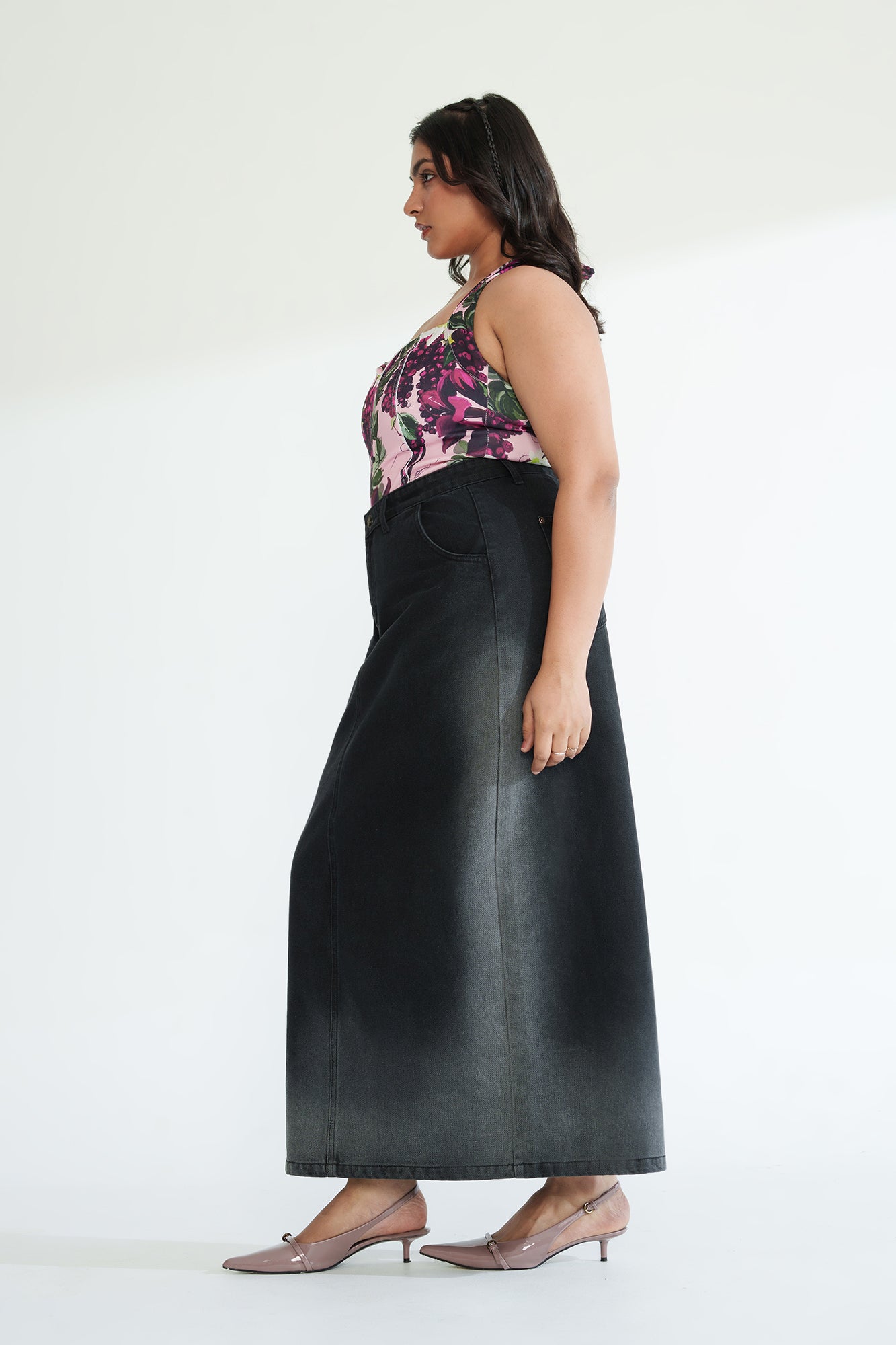 Dark Eclipse Curve Long Straight Denim Skirt