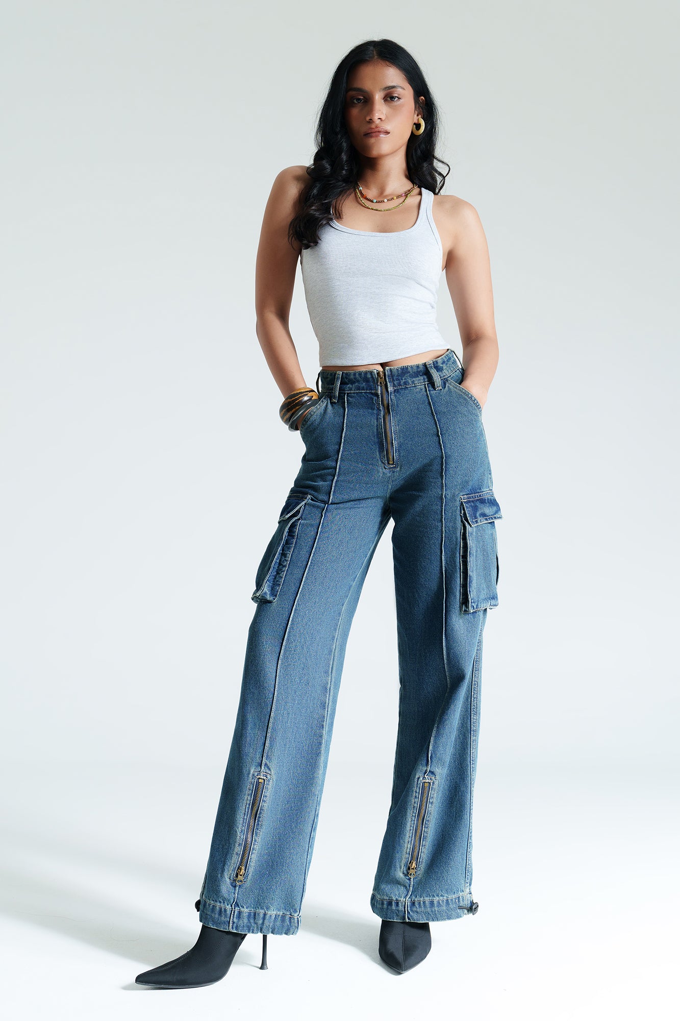 Indigo Pintuck Women's Straight Cargo Jeans