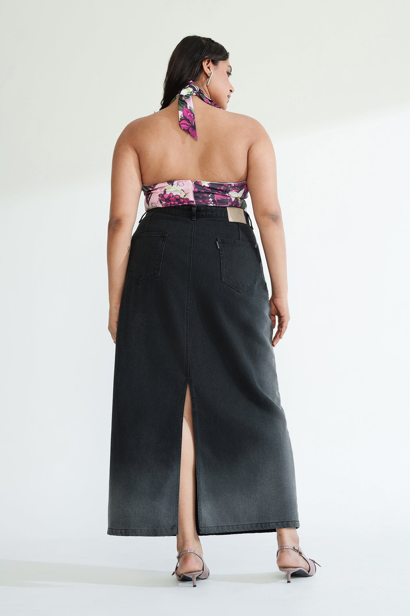 Dark Eclipse Curve Long Straight Denim Skirt