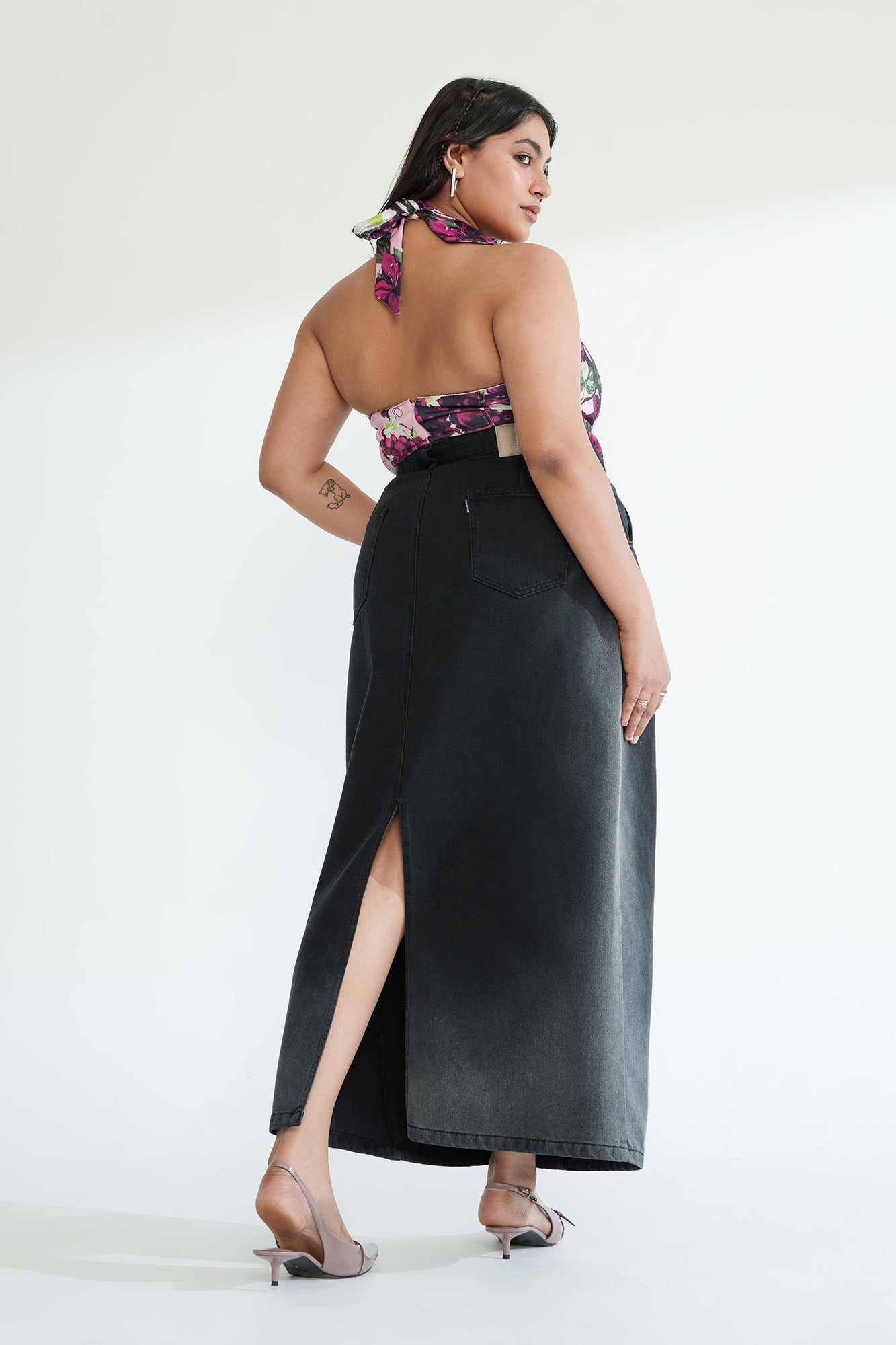 Dark Eclipse Curve Long Straight Denim Skirt