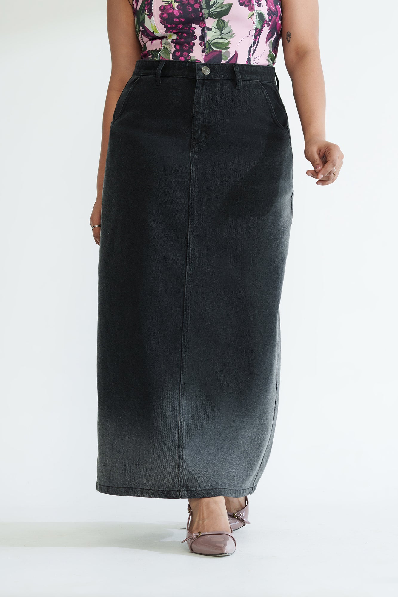Dark Eclipse Curve Long Straight Denim Skirt