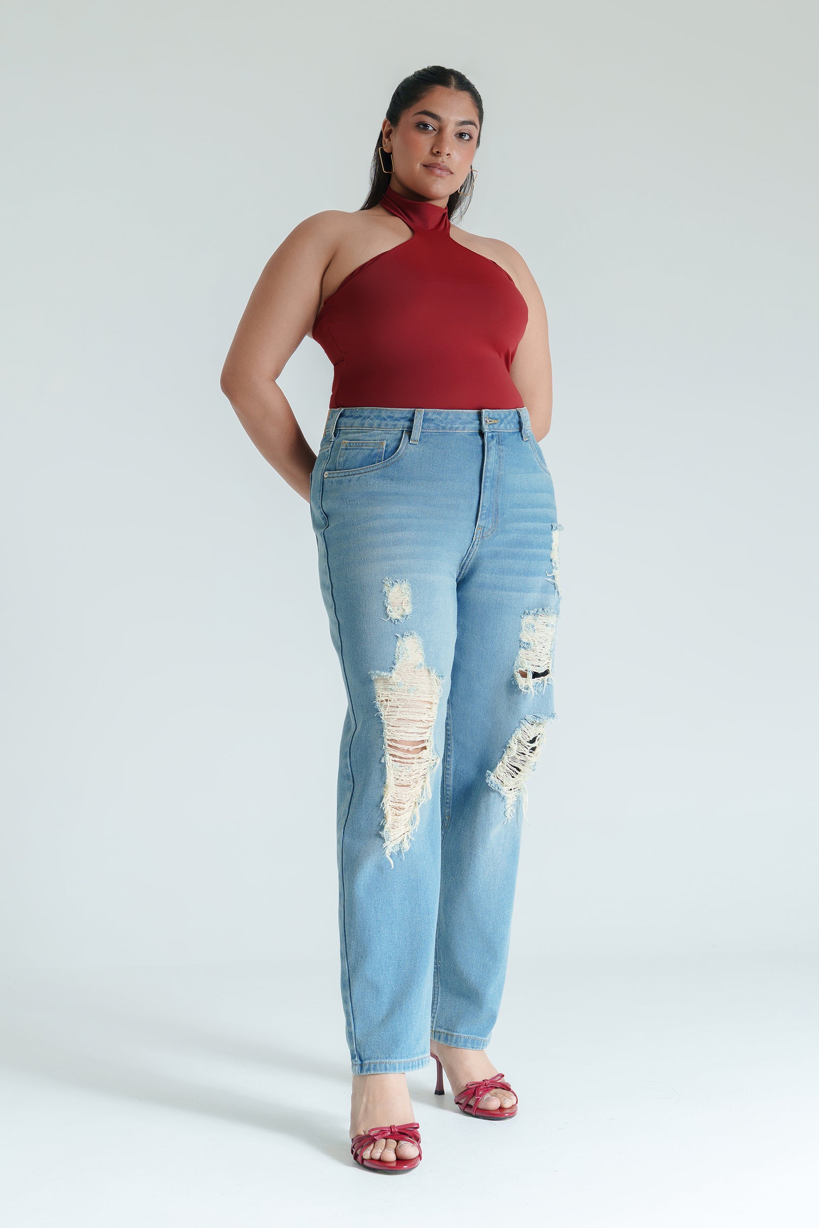 Curve Basic Blue Distressed Mom Jeans
