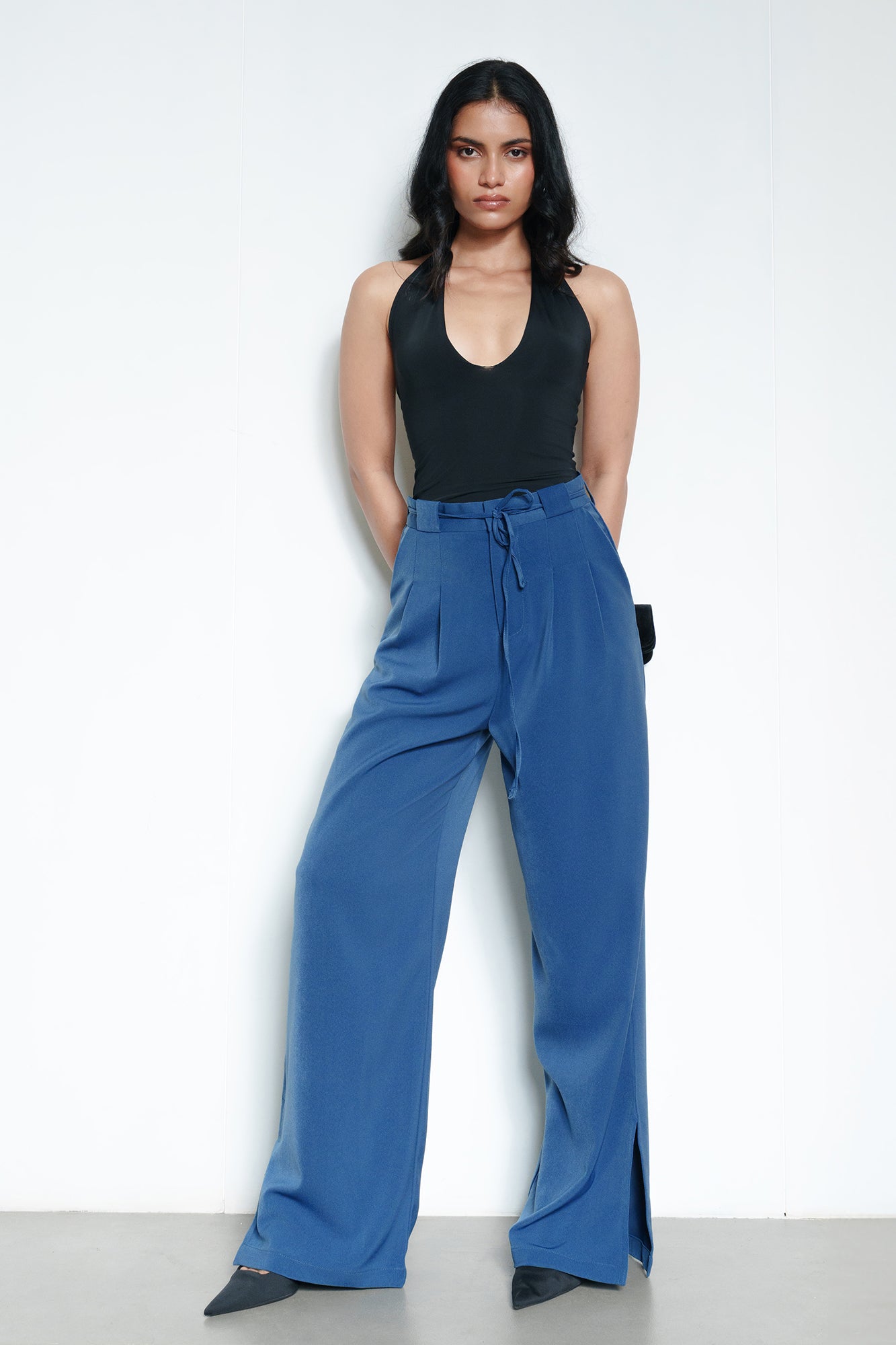 Regal Blue Tie Up Women's Wide Korean Pants