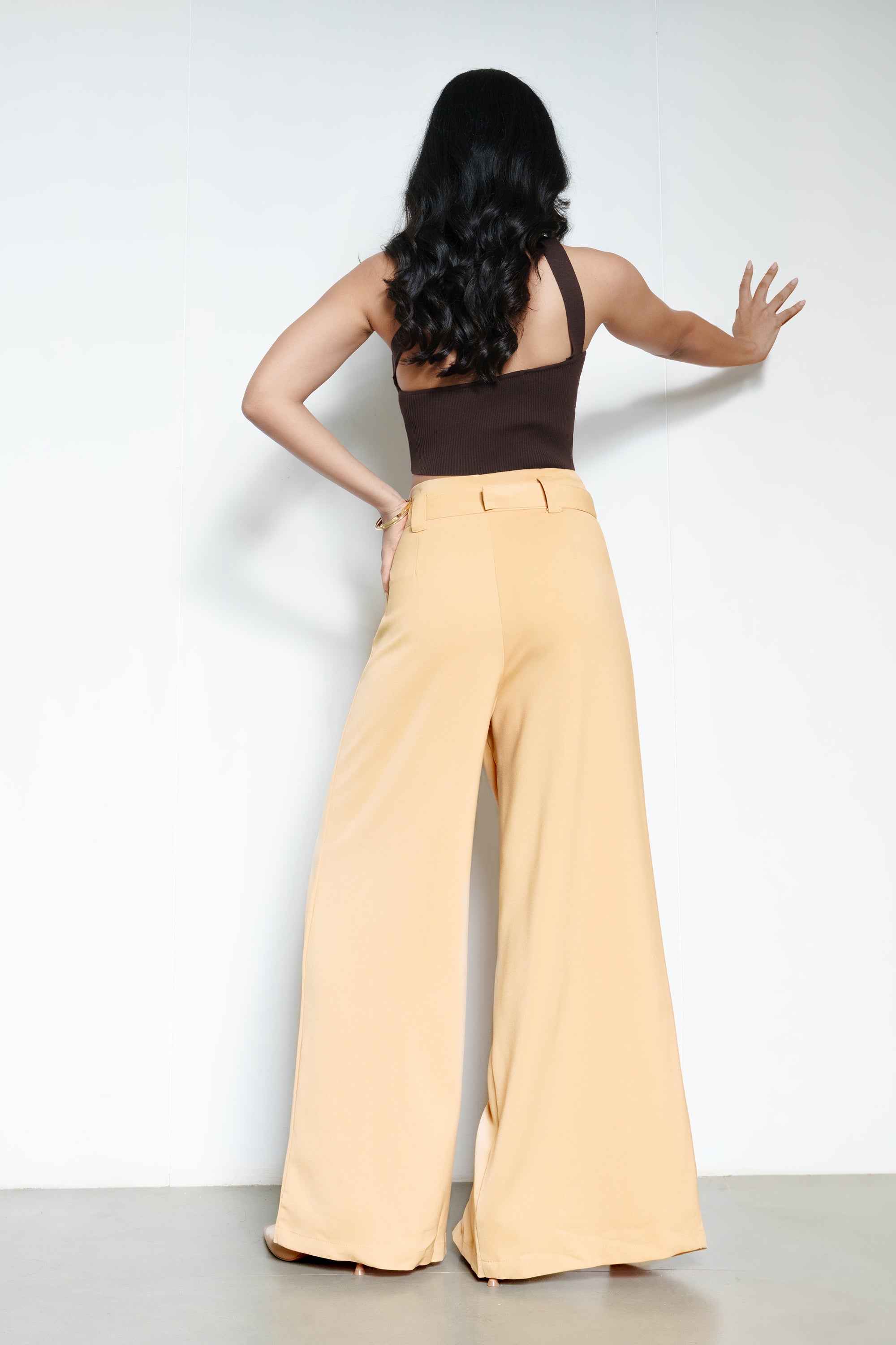 Light Beige Belted Women's Flared Korean Pants