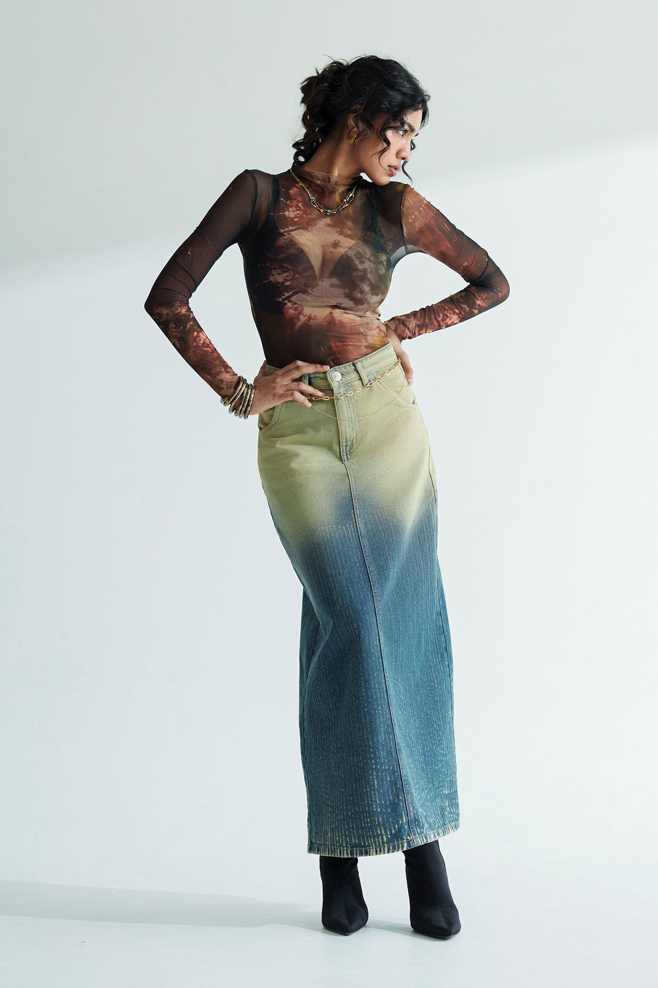 Sunfade Long Straight Denim Skirt