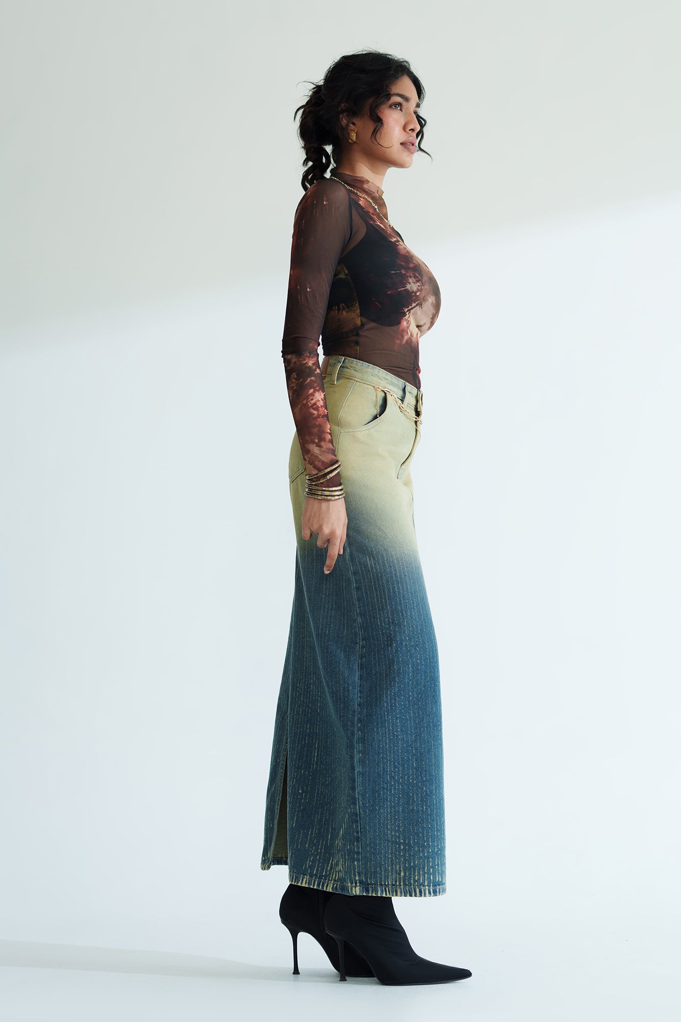 Sunfade Long Straight Denim Skirt