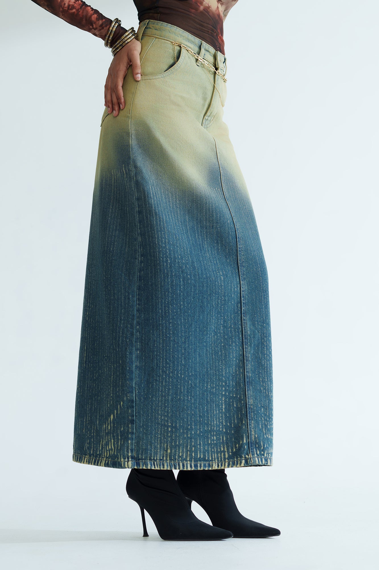 Sunfade Long Straight Denim Skirt