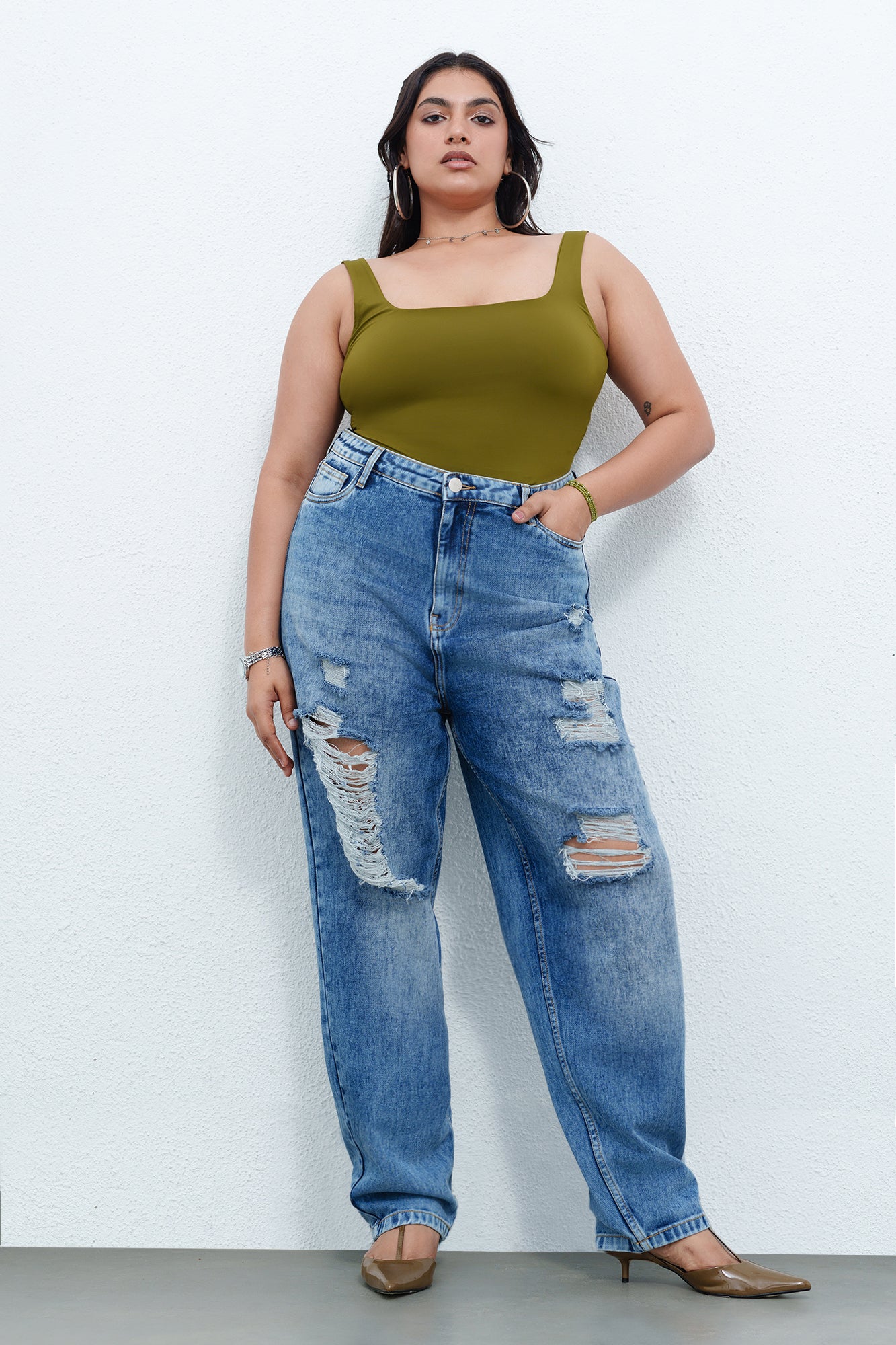 Curve True Blue Distressed Slouchy Jeans