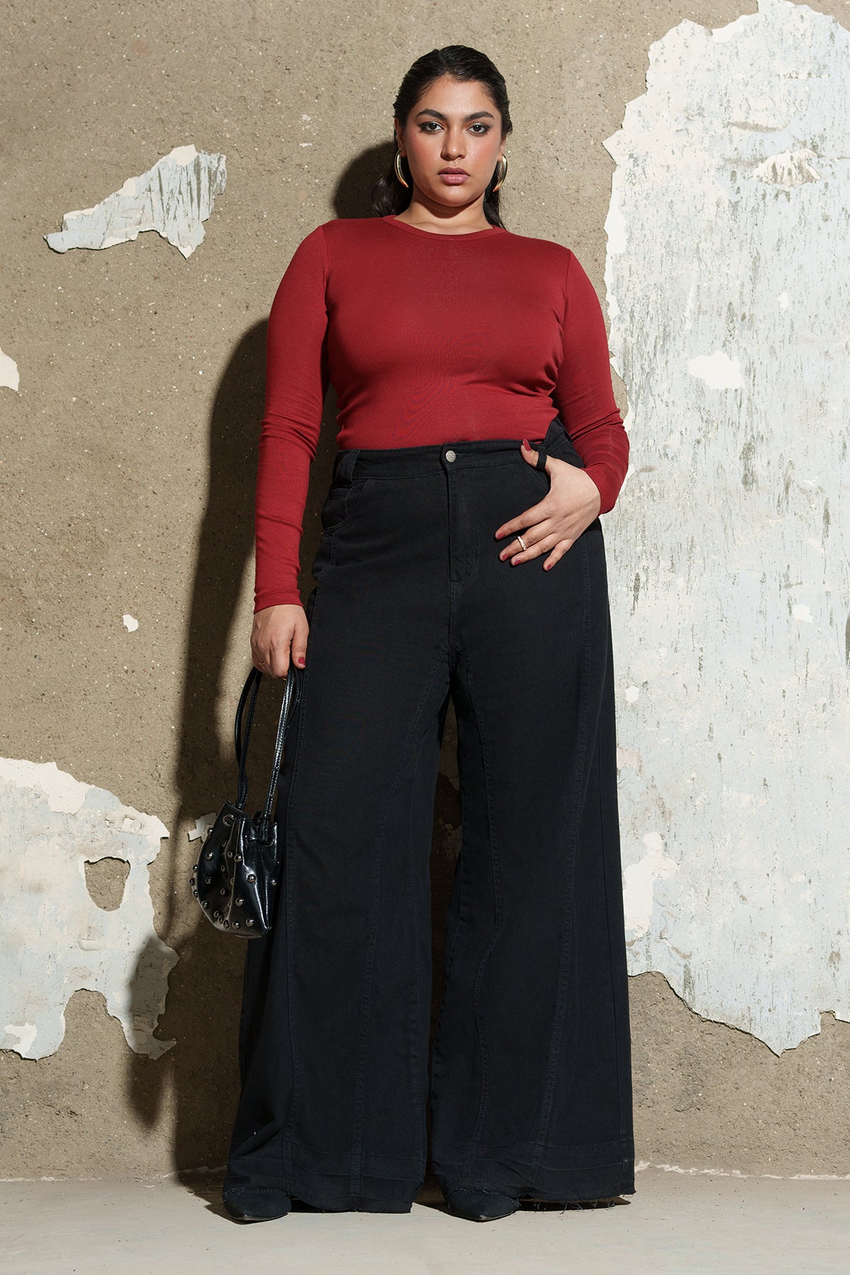 Bold Black Curve Denim Flared Korean Pants