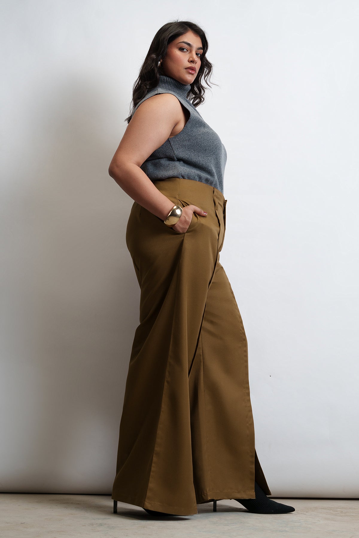 Maplewood Front Slit Curve Flared Korean Pants