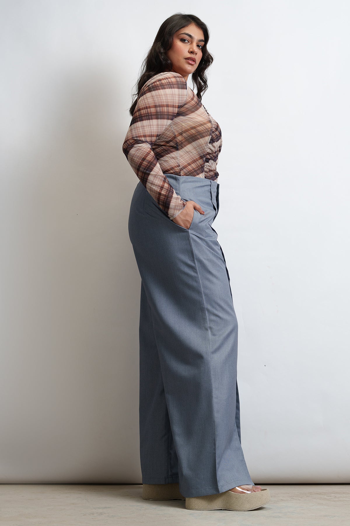 Shale Grey Front Slit Curve Flared Korean Pants