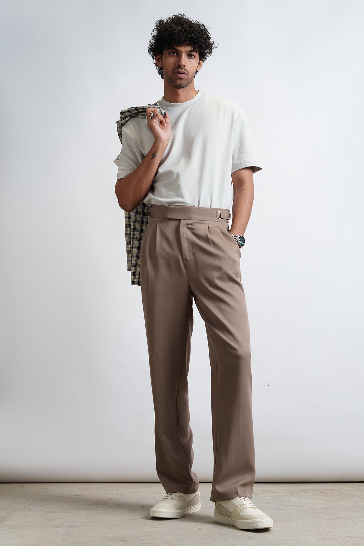 Mocha Mousse Buckle Detail Men's Korean Pants