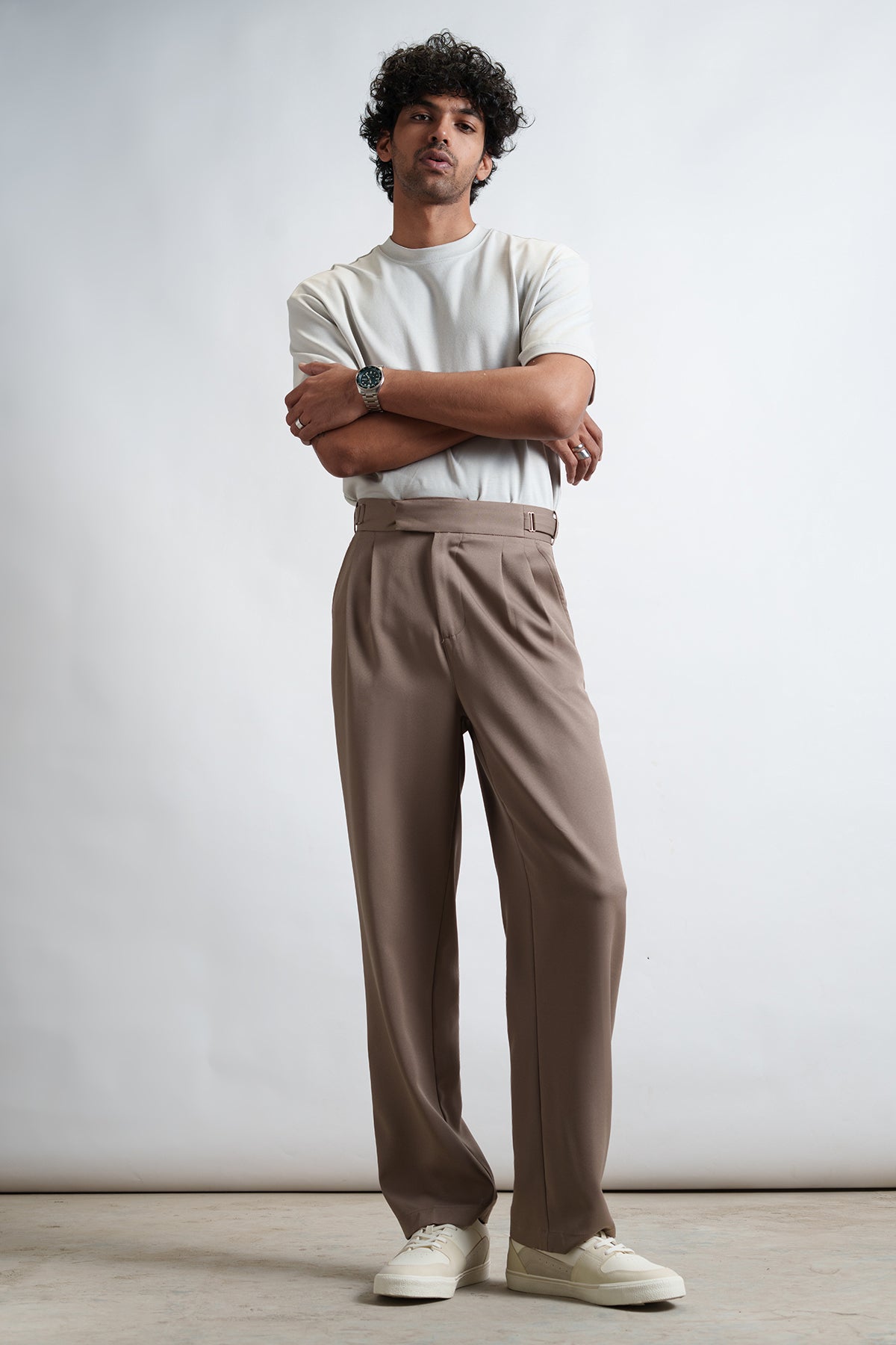 Mocha Mousse Buckle Detail Men's Korean Pants