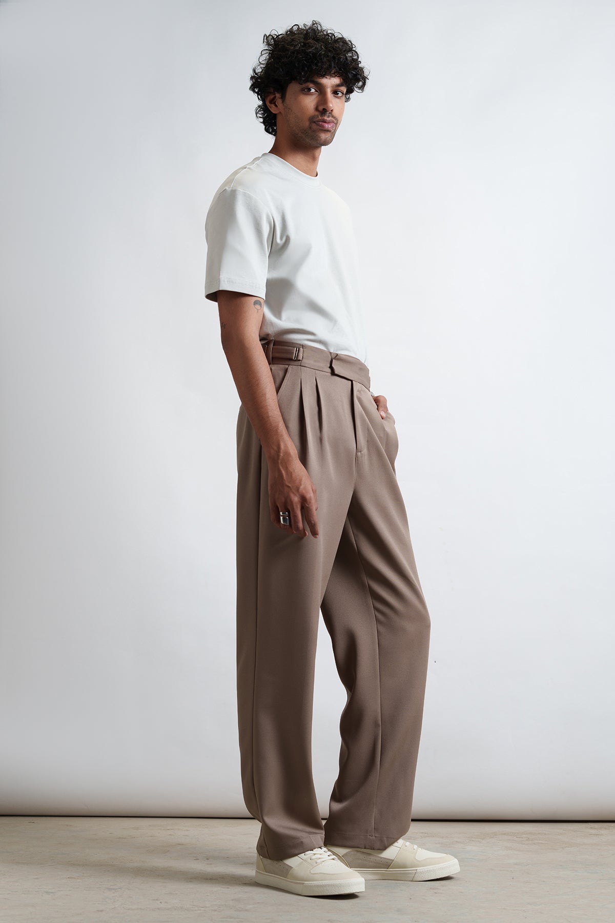 Mocha Mousse Buckle Detail Men's Korean Pants